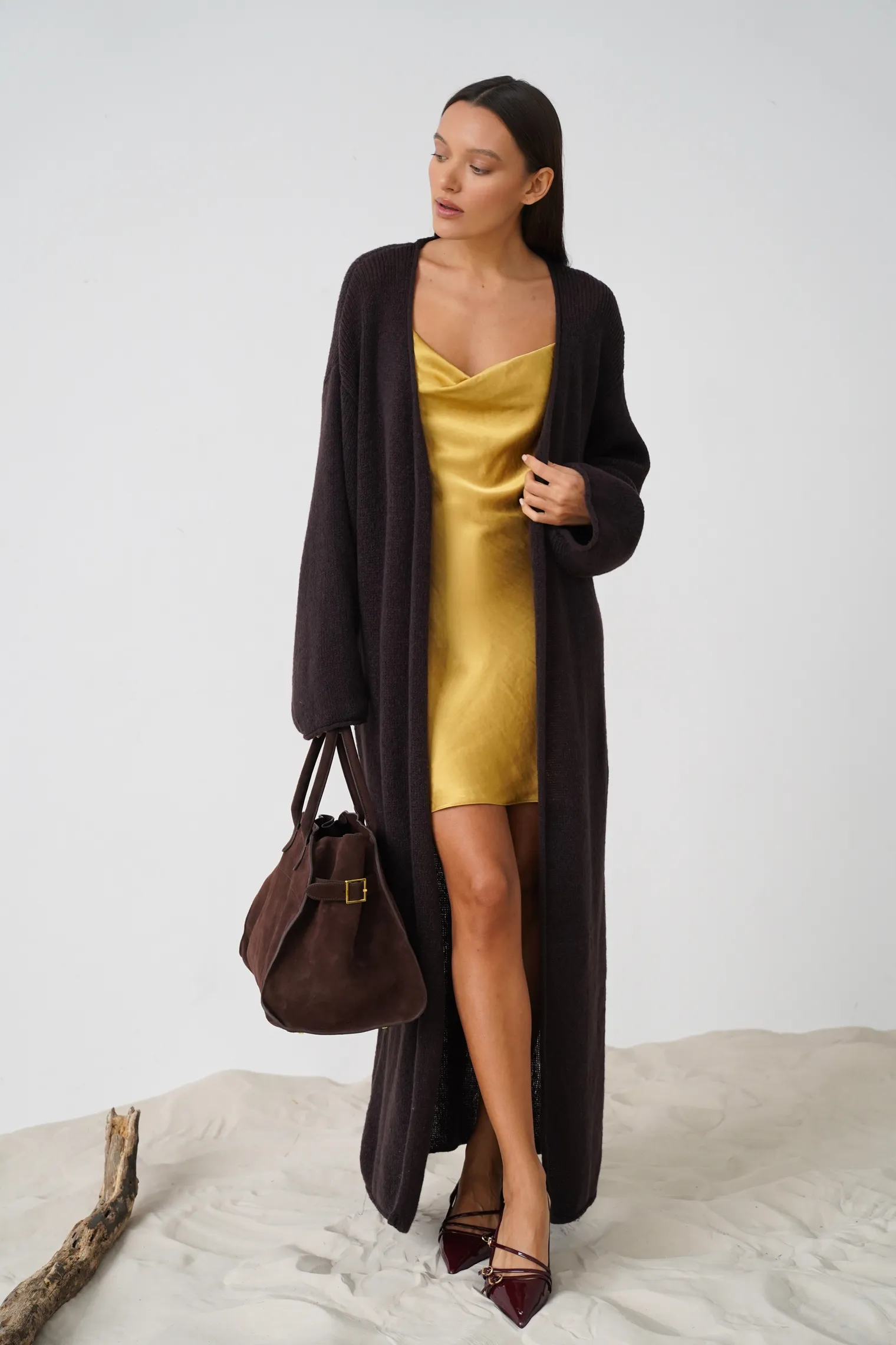 Кардиган миди ажурной вязки цвета горький шоколад фото 1