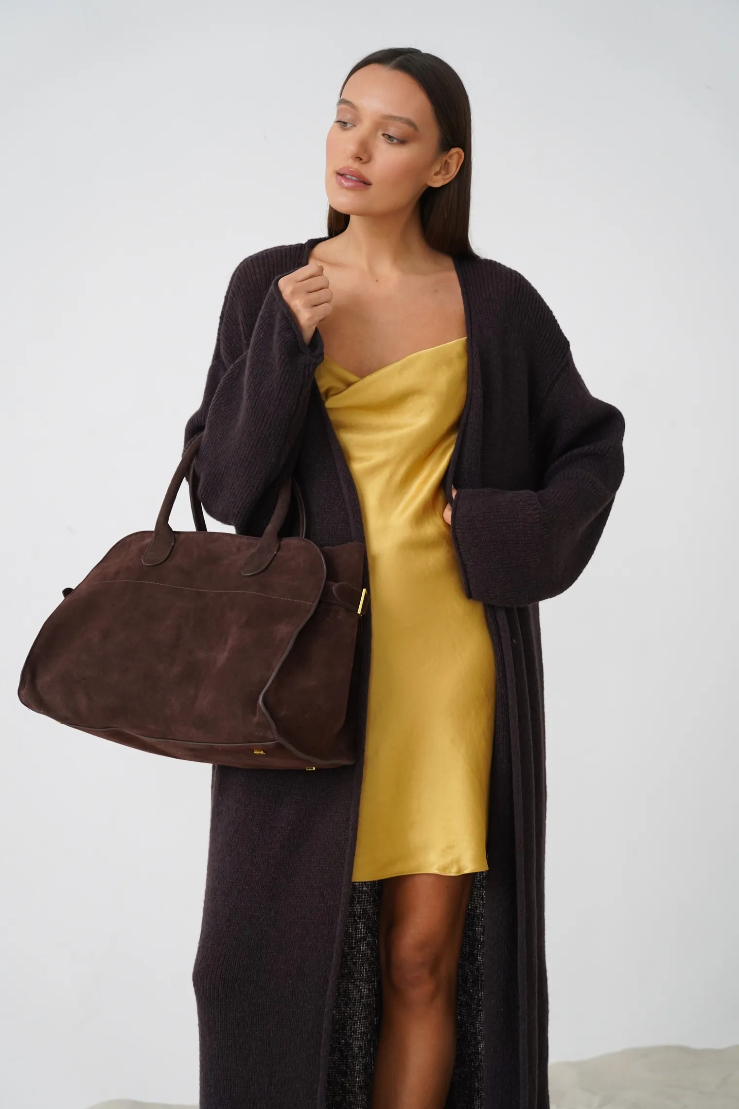 Кардиган миди ажурной вязки цвета горький шоколад фото 3