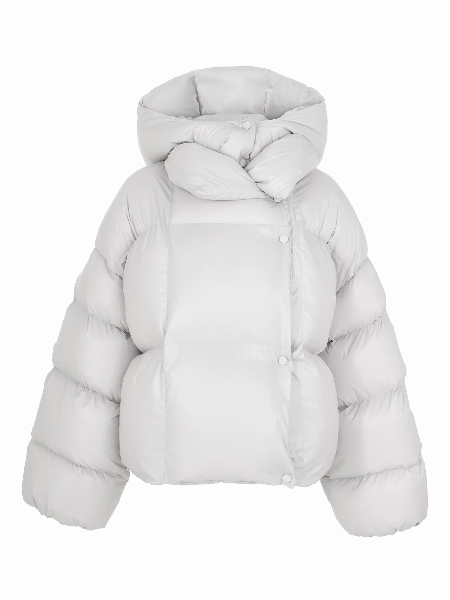 Пуховик на кнопках с капюшоном светло-серого цвета фото 1