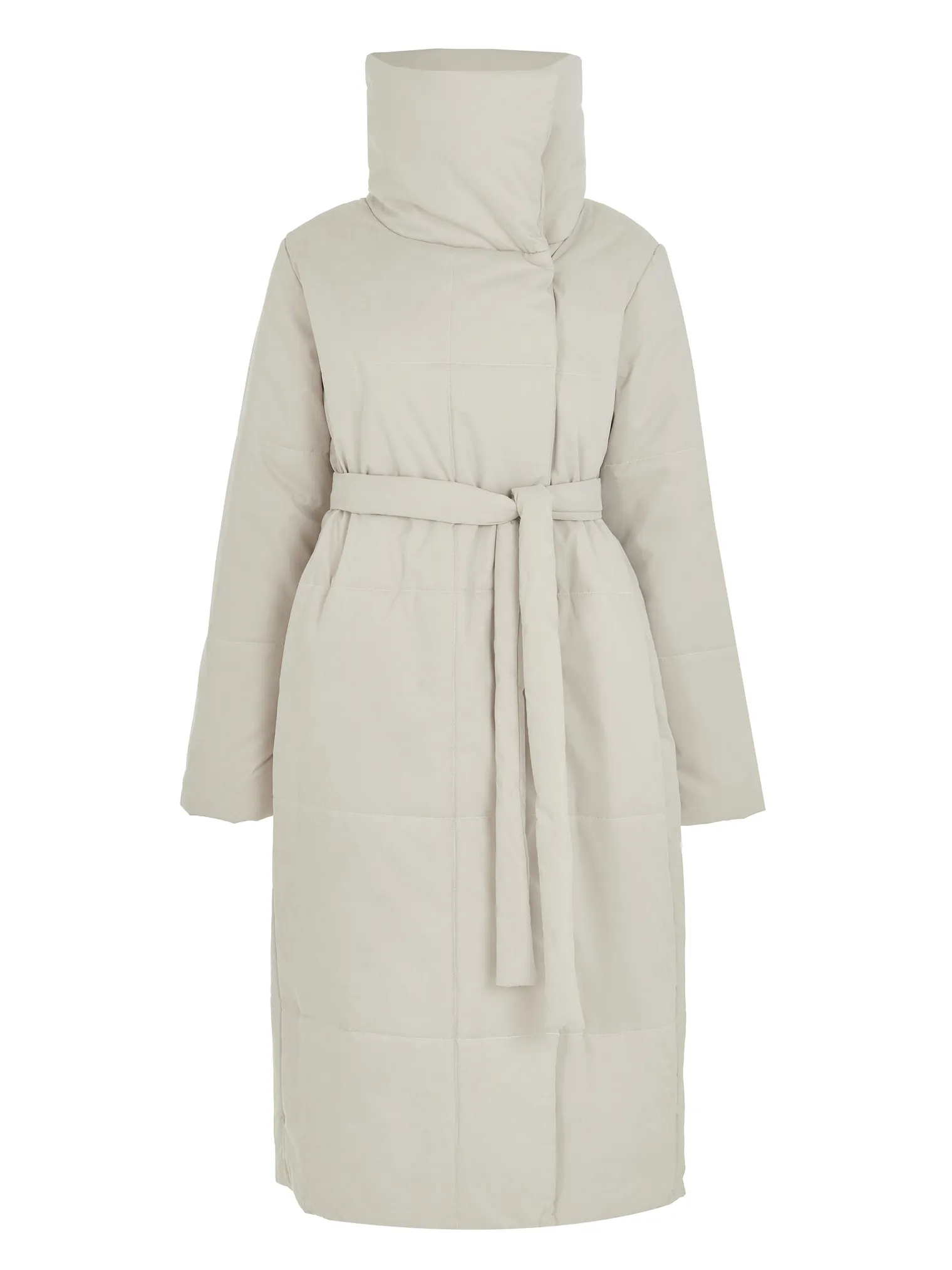 Стеганое пальто с высоким воротником кремового цвета фото 1