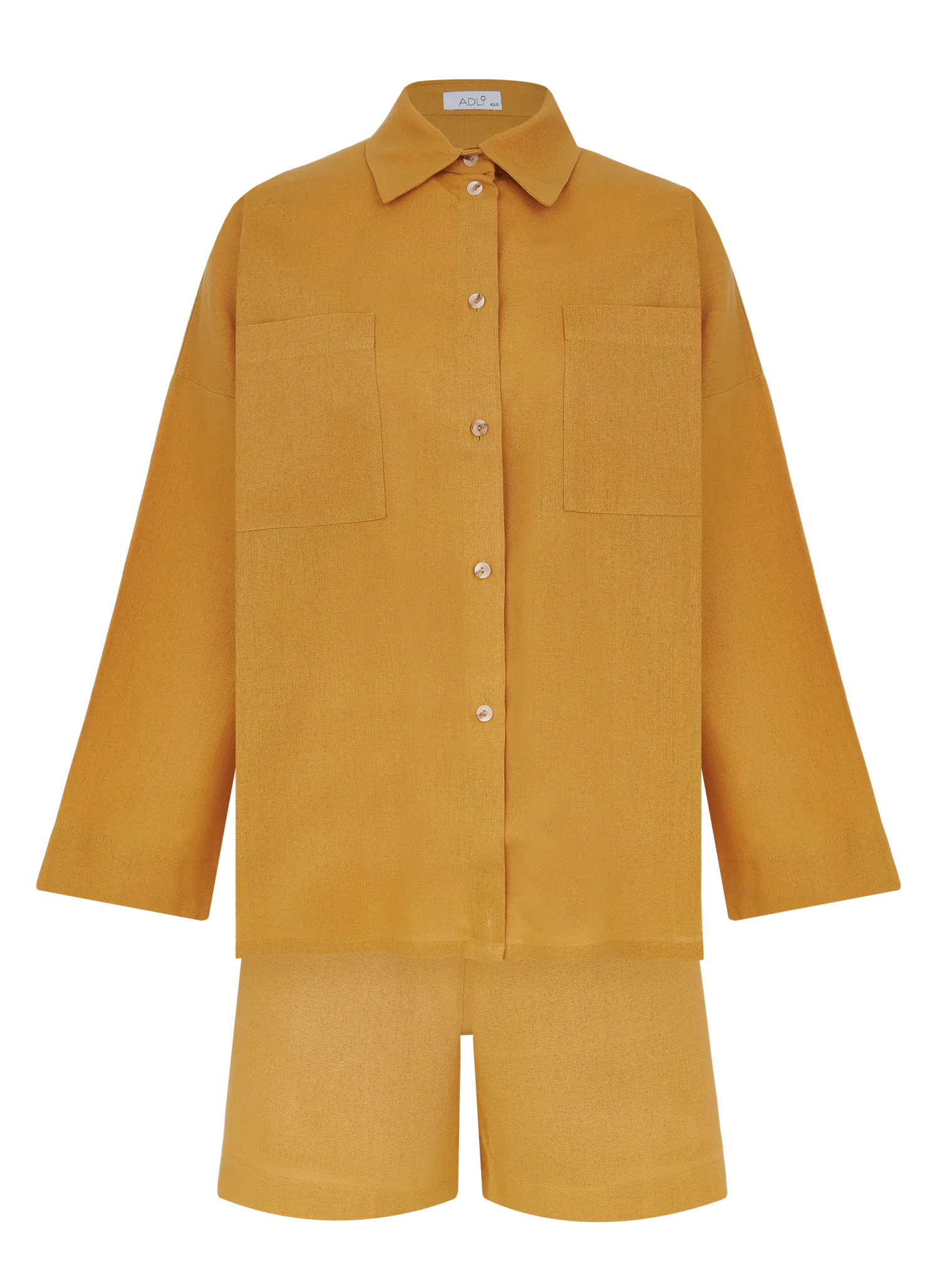 Костюм летний изо льна: рубашка, шорты горчичного цвета фото 3