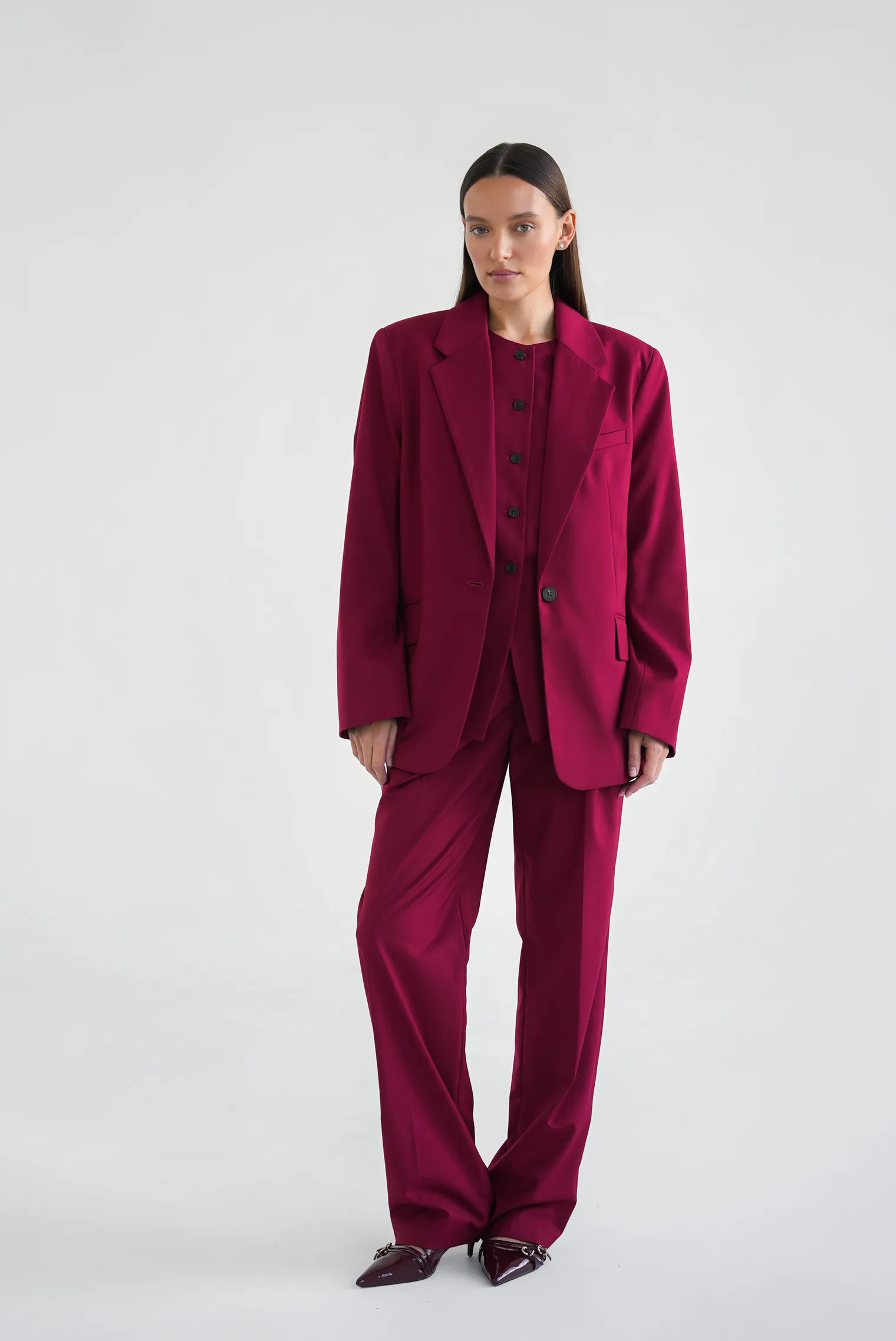 Однобортный жакет свободного кроя винного цвета фото 3