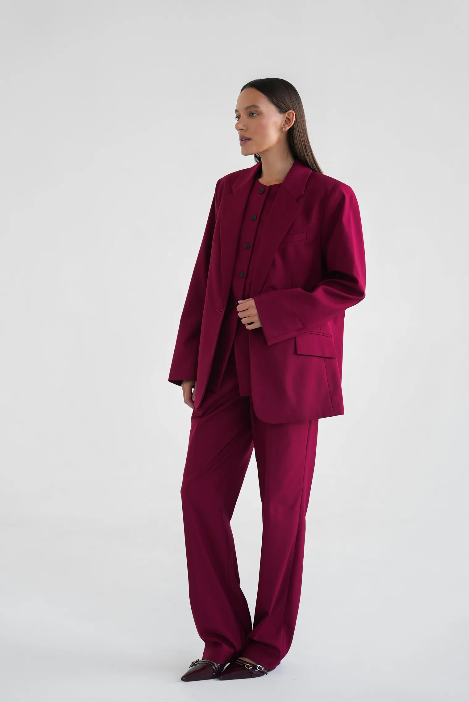 Однобортный жакет свободного кроя винного цвета фото 5