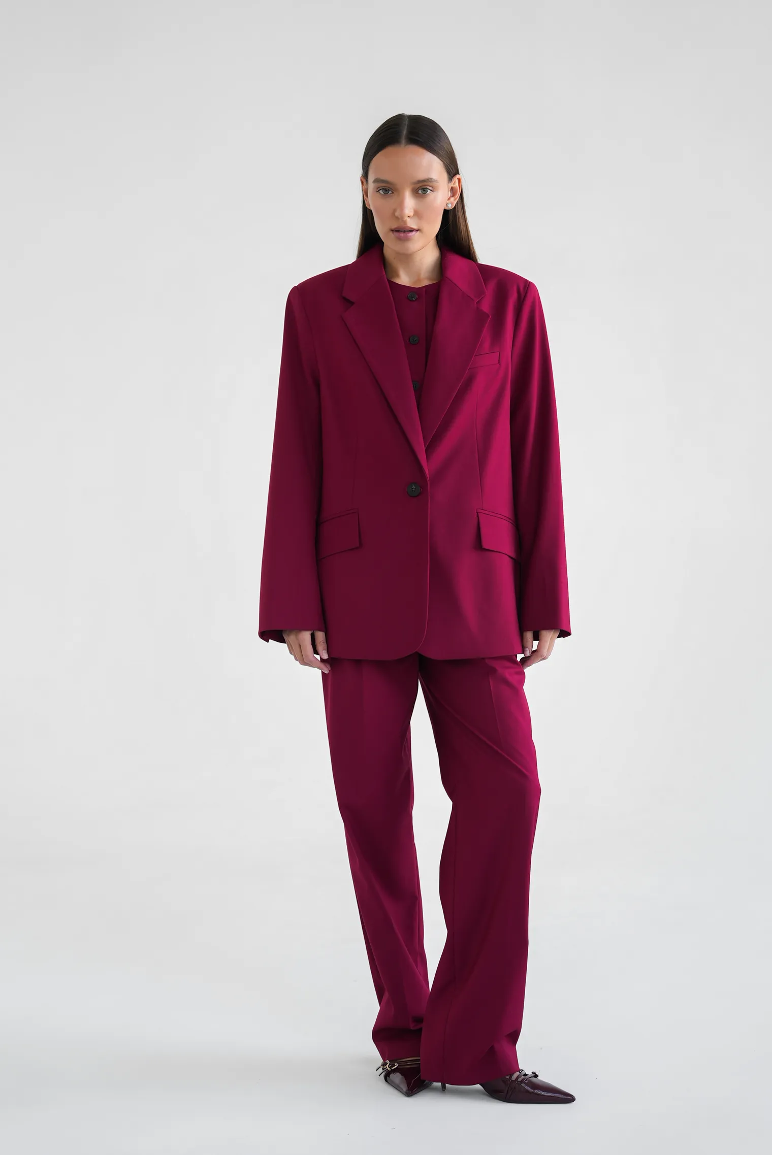 Однобортный жакет свободного кроя винного цвета фото 6