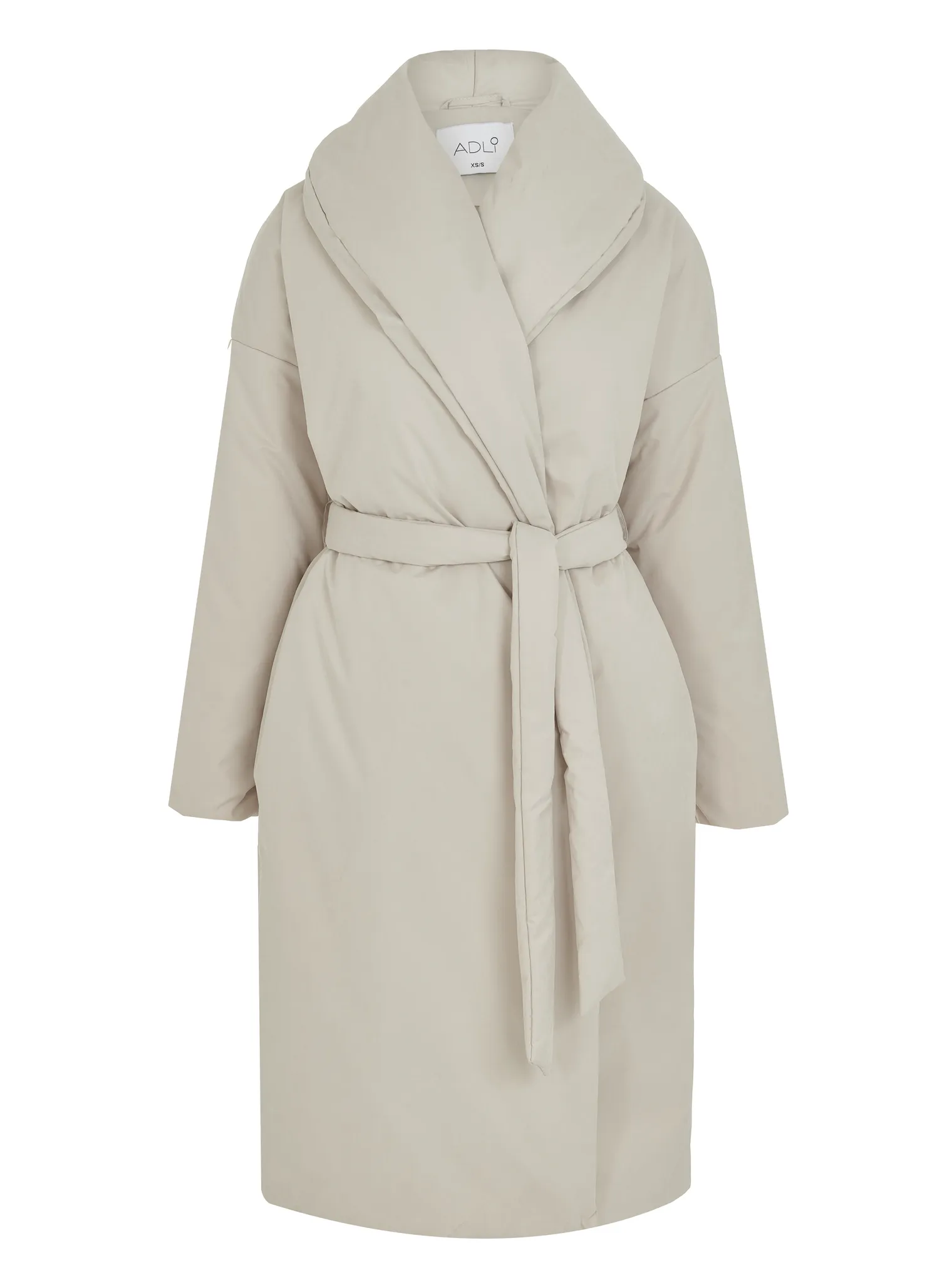 Зимнее пальто с воротником шалька с поясом кремового цвета фото 1