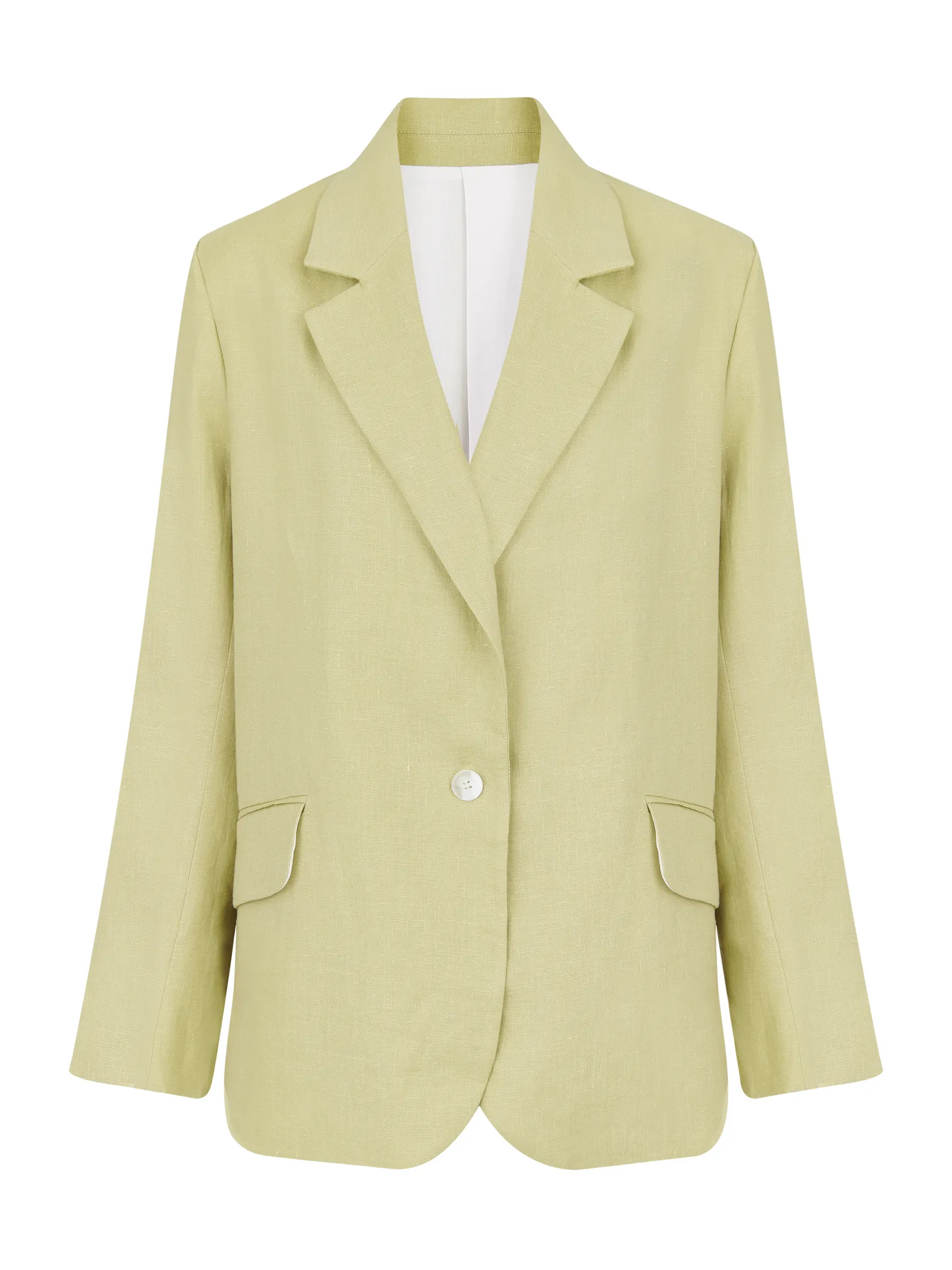 Однобортный жакет свободного кроя с карманами изо льна оливкового цвета фото 1
