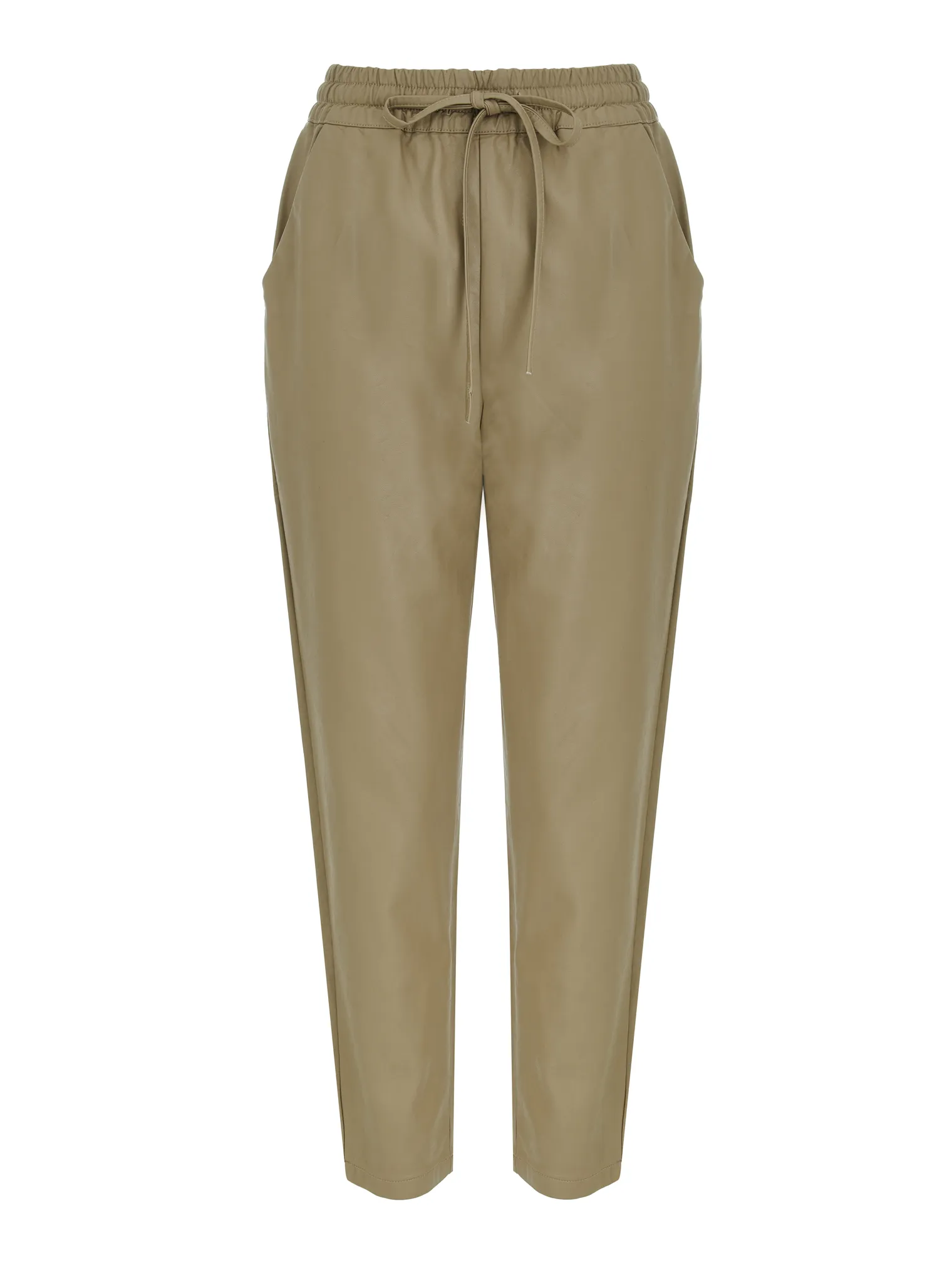 Брюки из экокожи со шнурком бежевого цвета фото 1