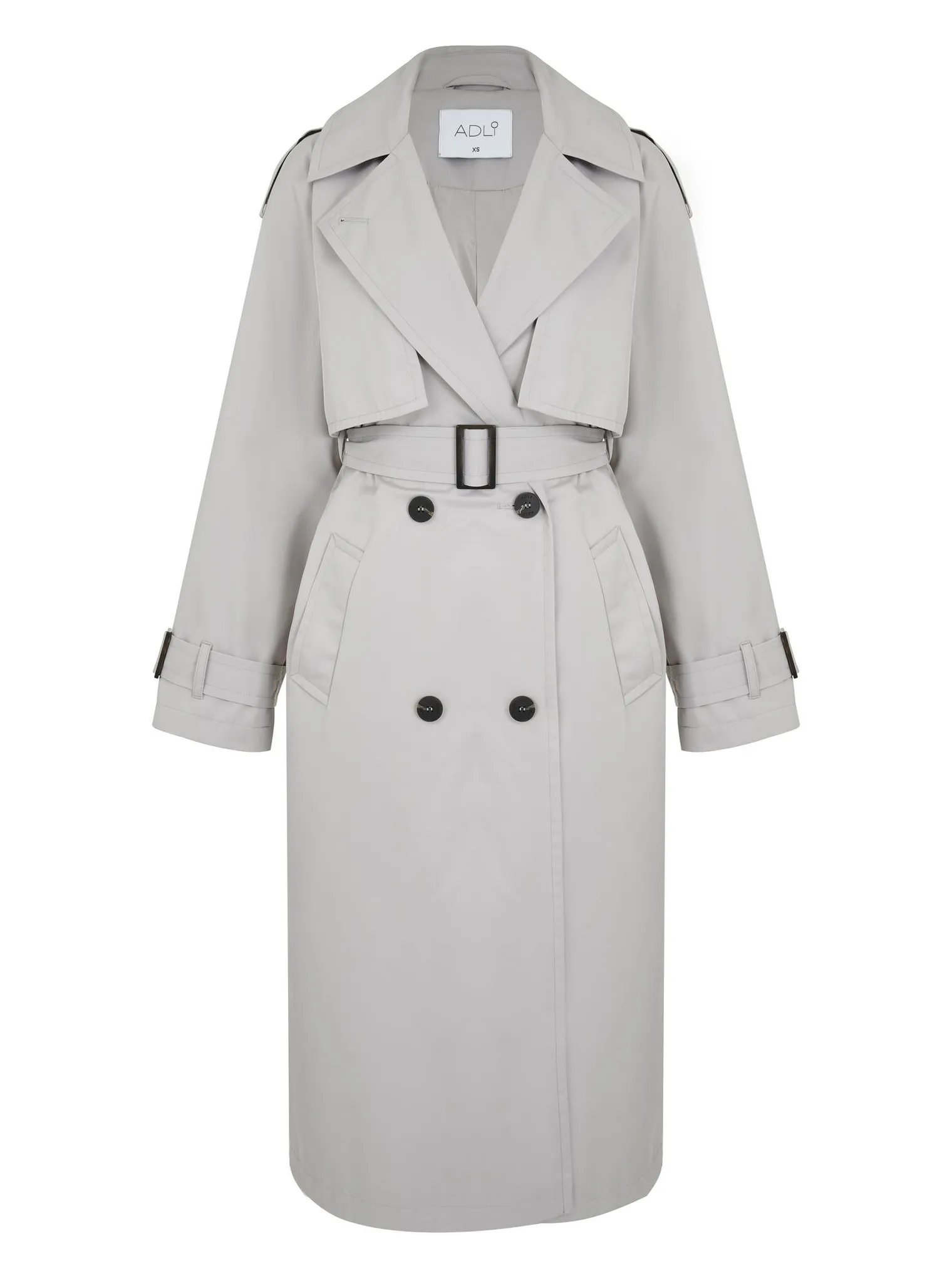 Тренч двубортный с поясом и рукавом реглан серого цвета фото 12