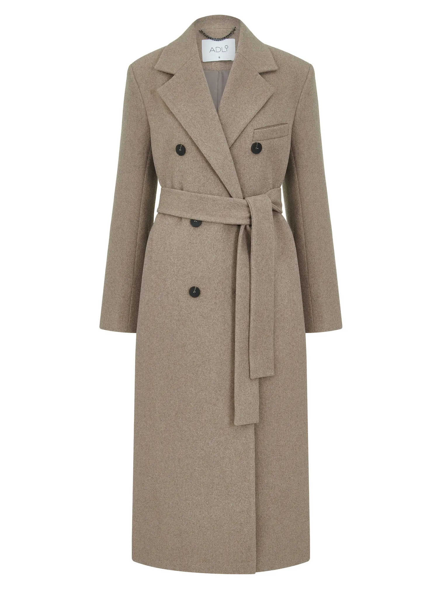 Пальто двубортное с втачным рукавом с поясом бежевого цвета фото 10