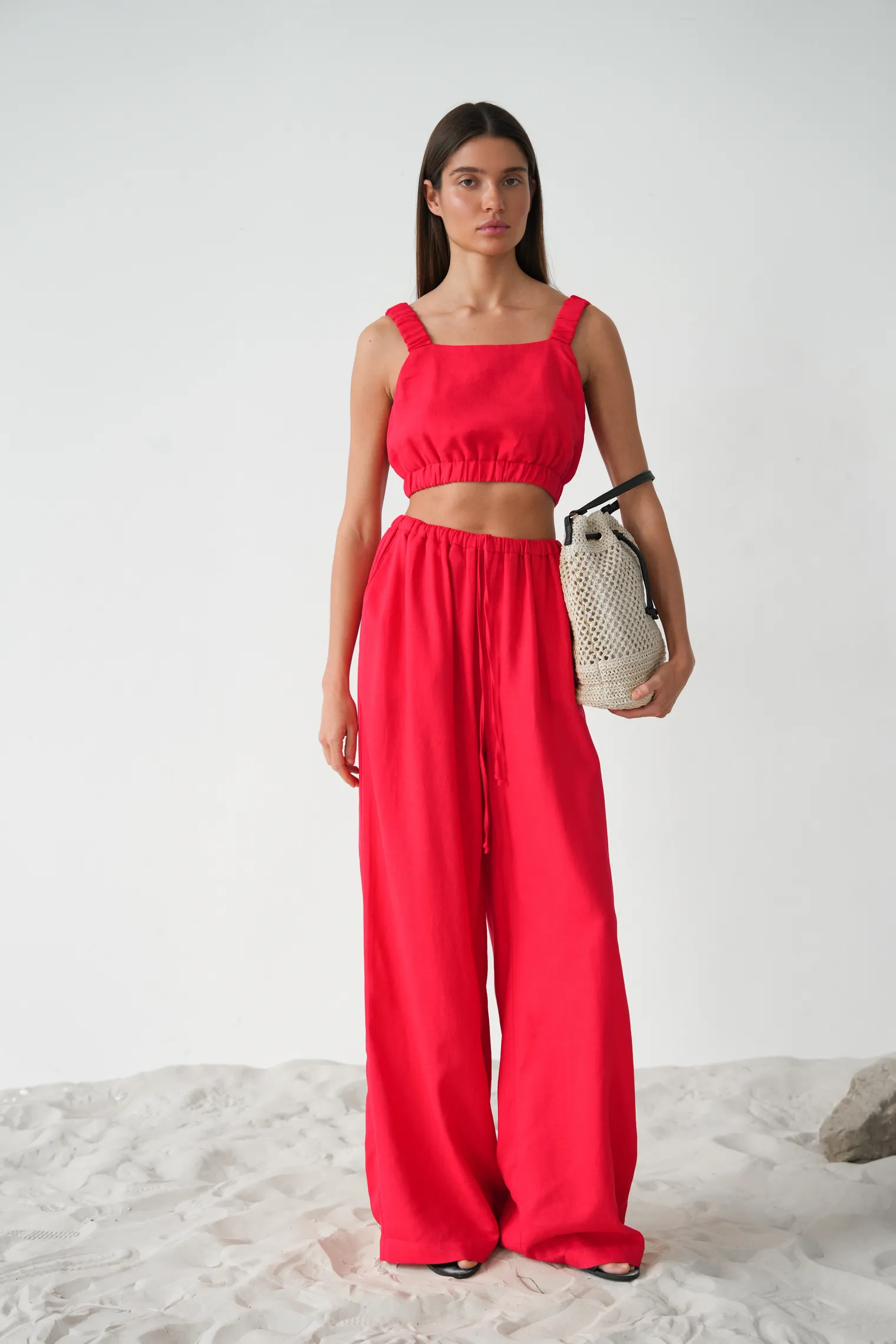 Брюки прямого кроя изо льна красного цвета фото 7