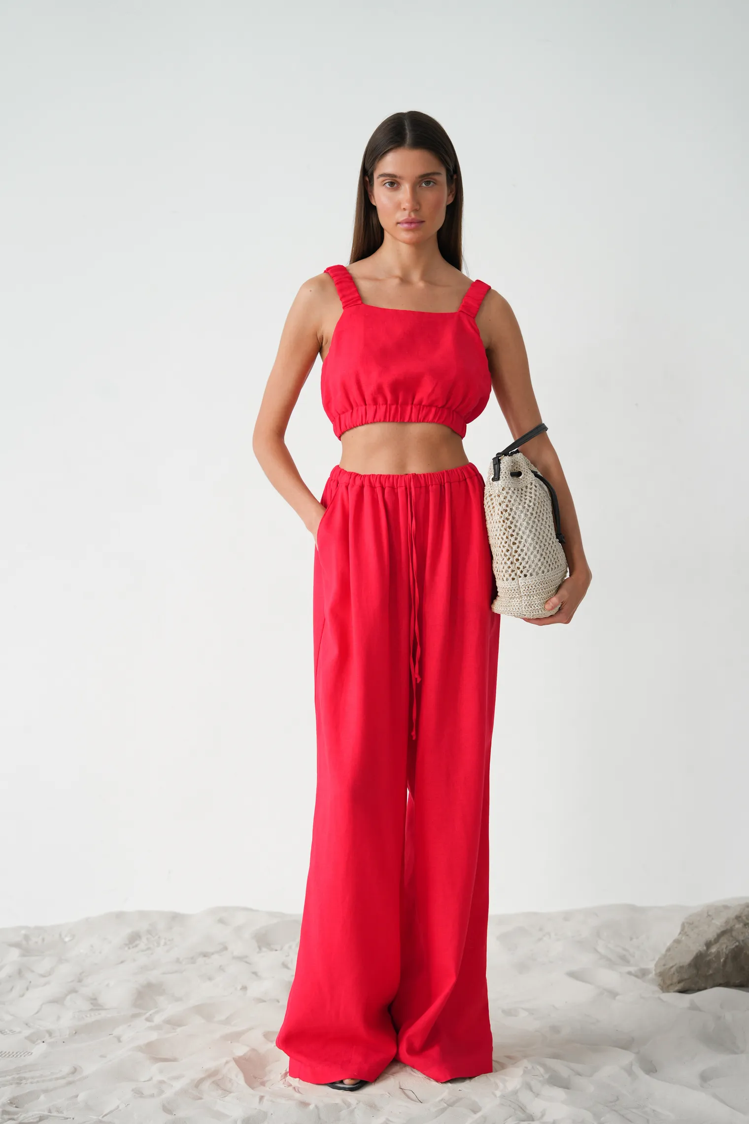 Брюки прямого кроя изо льна красного цвета фото 1