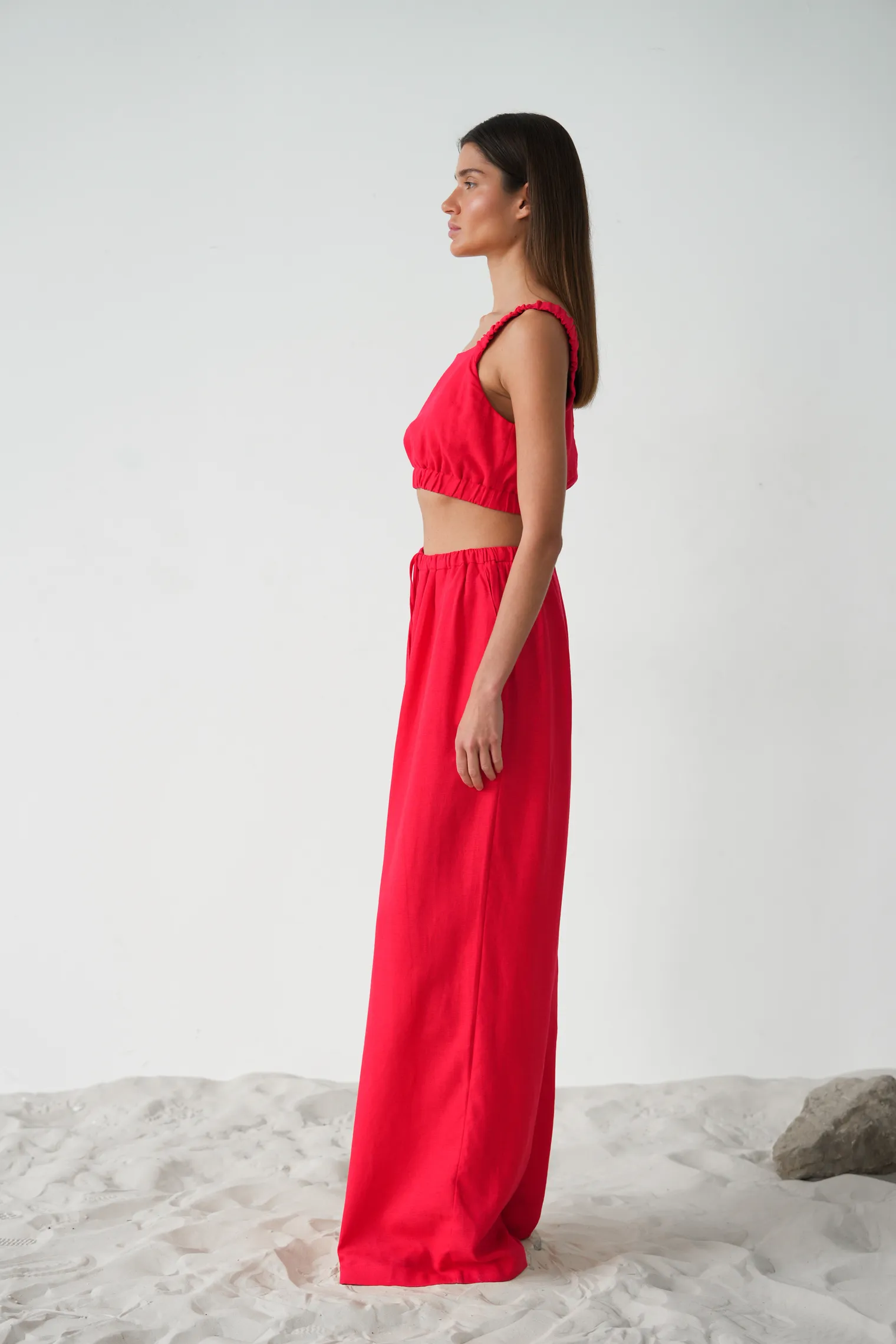 Брюки прямого кроя изо льна красного цвета фото 3