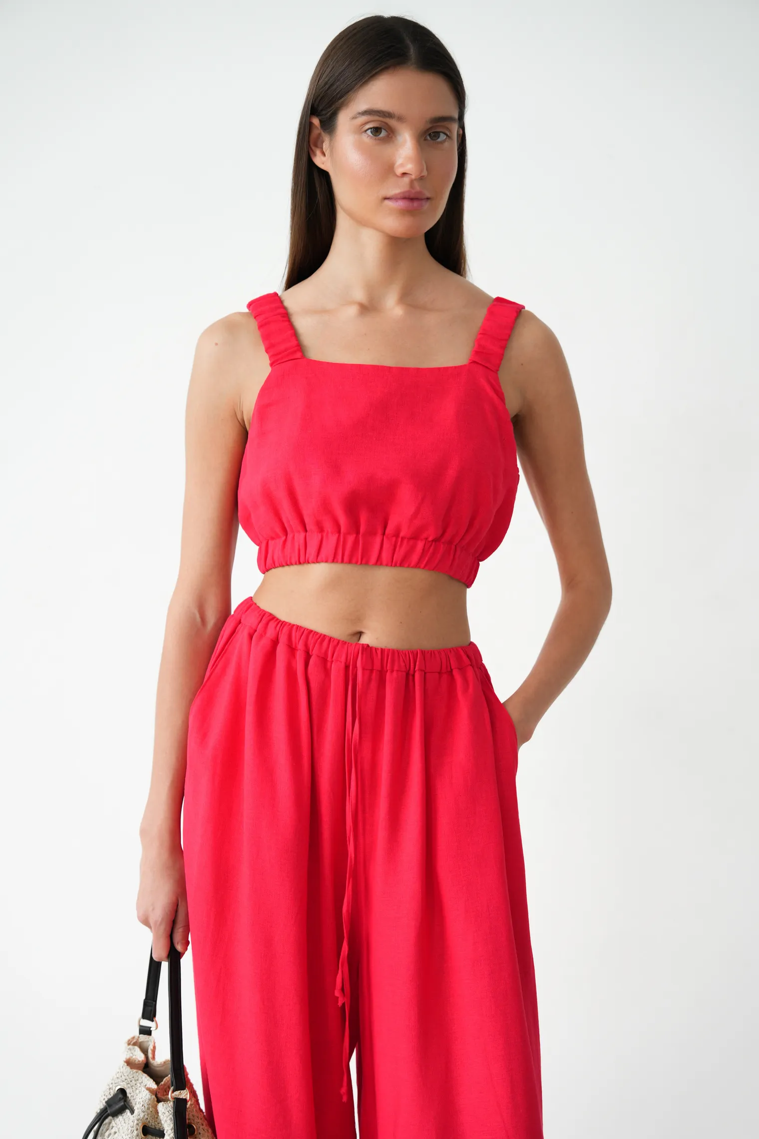 Брюки прямого кроя изо льна красного цвета фото 5