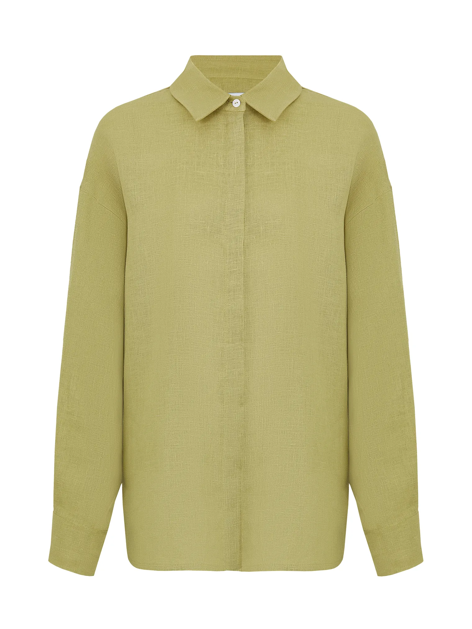 Рубашка свободного кроя изо льна оливкового цвета фото 9