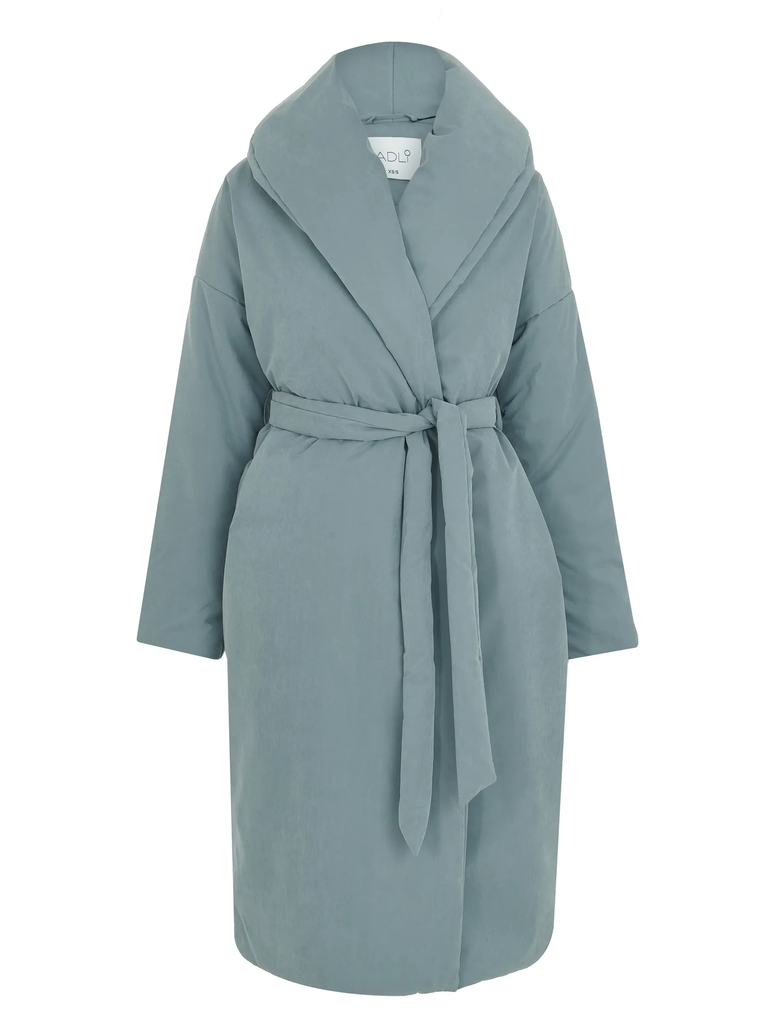 Зимнее пальто с воротником шалька с поясом голубого цвета фото 1