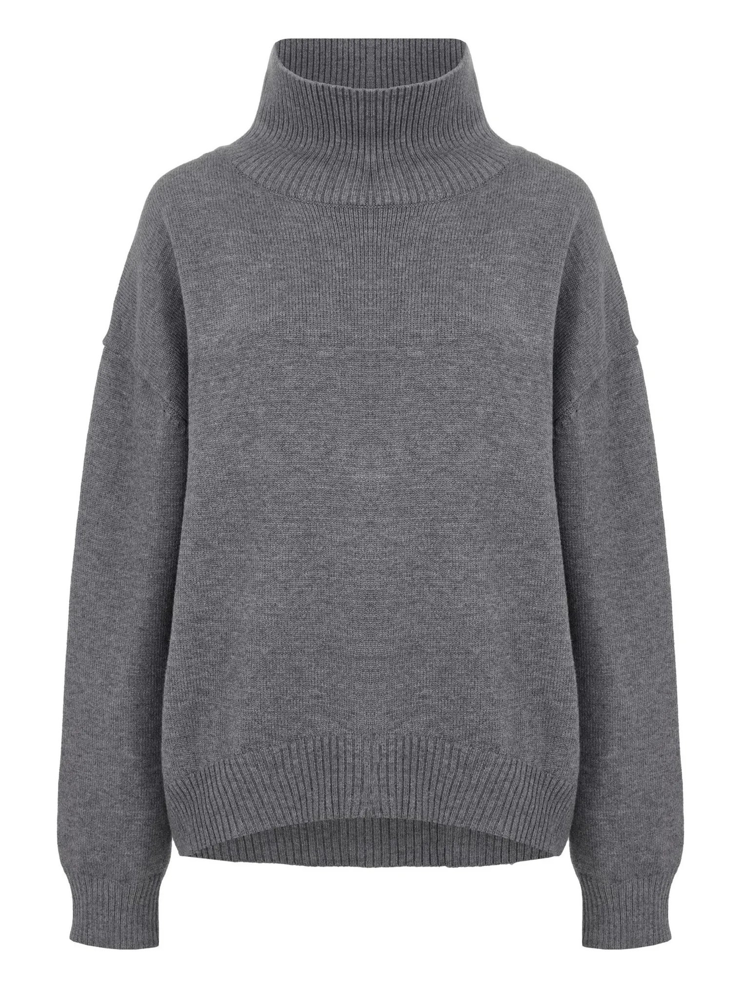 Джемпер мелкой вязки с высоким воротником серого цвета фото 8