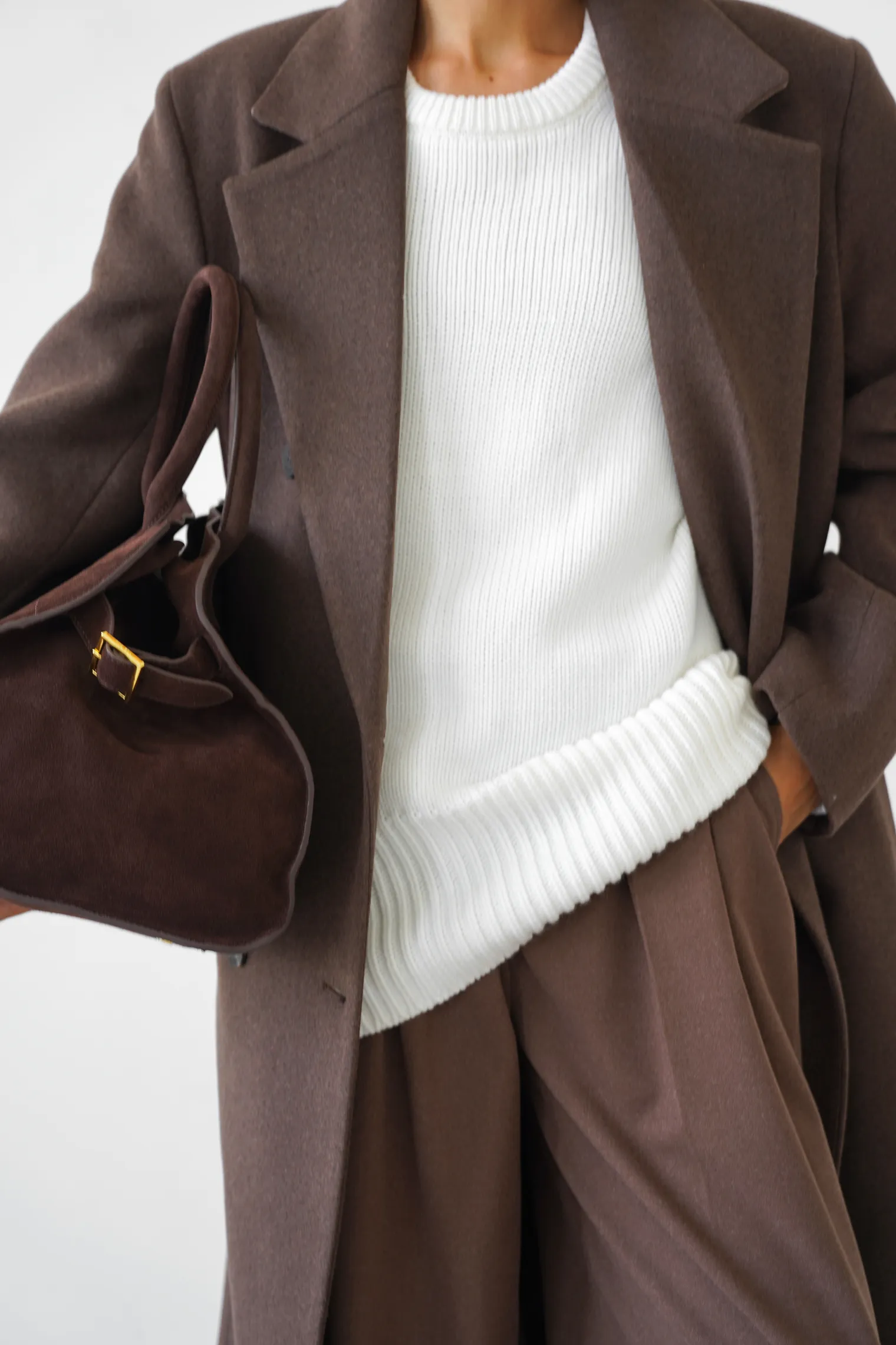 Пальто двубортное с втачным рукавом с поясом шоколадного цвета фото 6