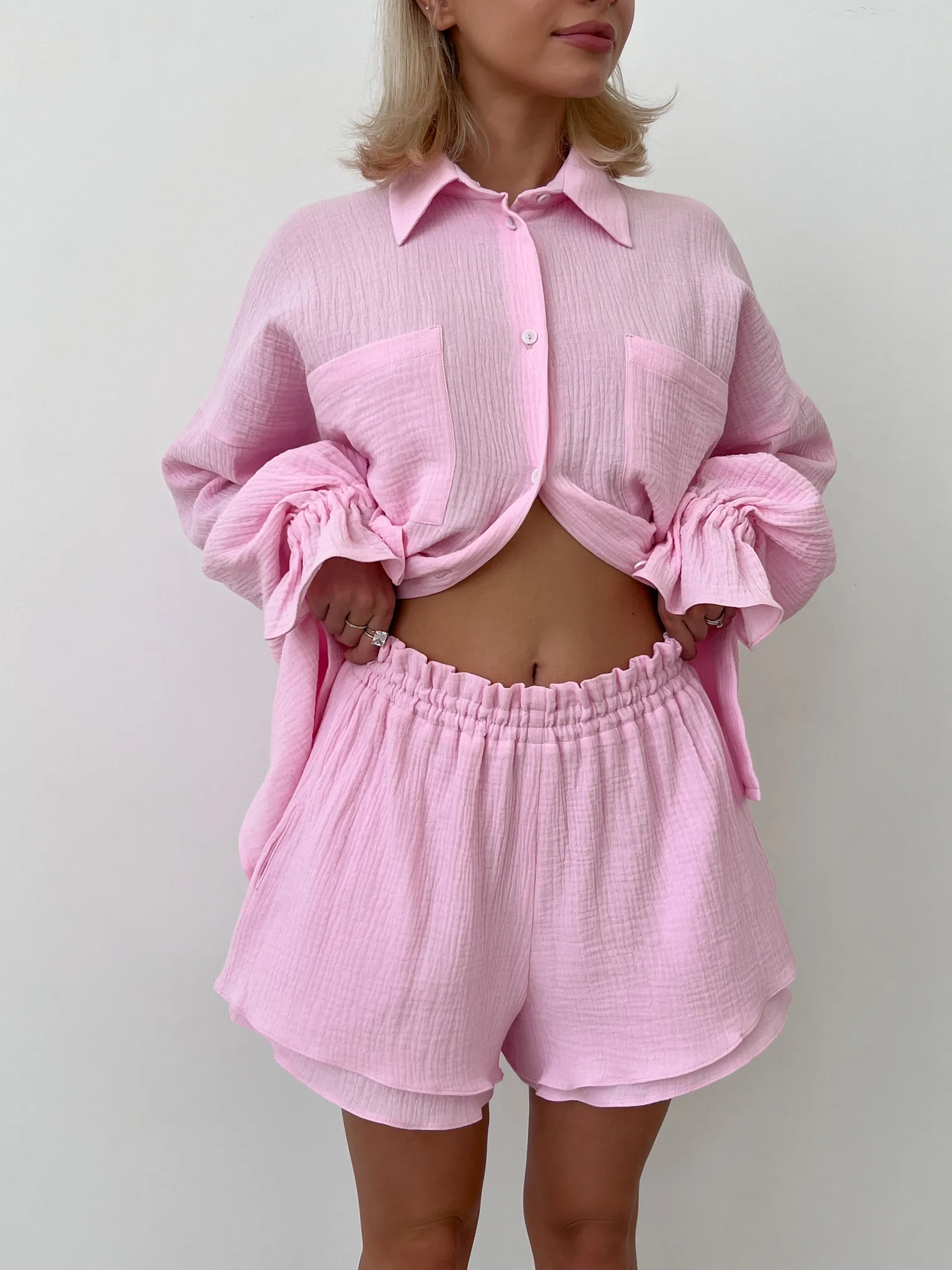 Костюм из муслина: рубашка, шорты цвета пион фото 5