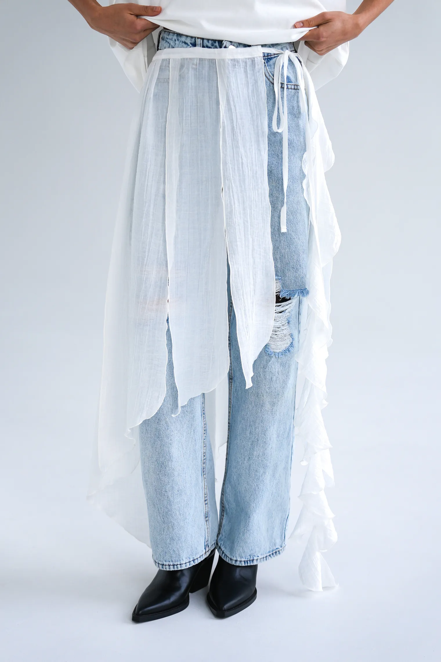 Юбка-баска из жатой ткани цвета тофу фото 4