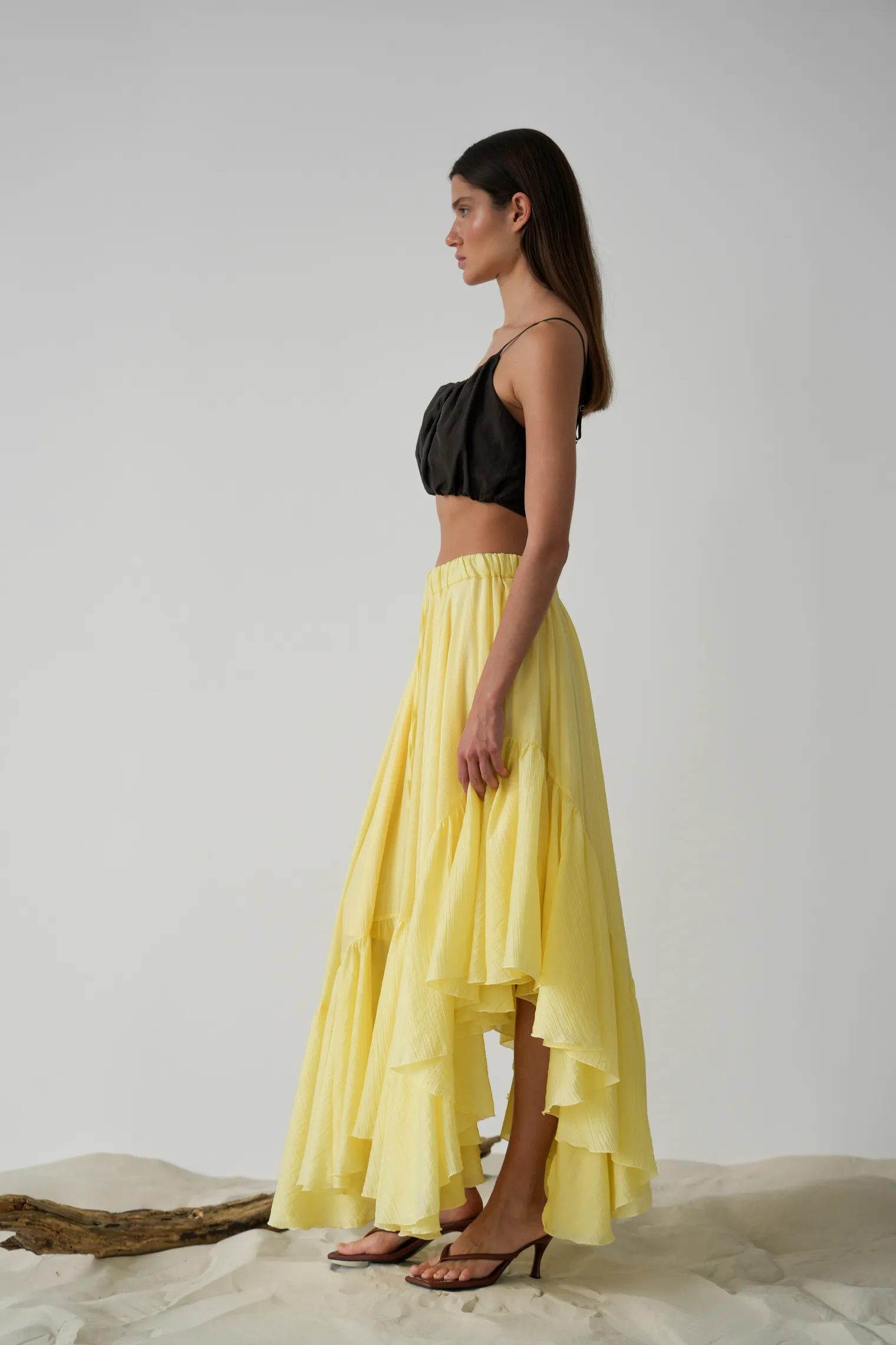 Юбка миди с воланами цвета молочный лимон фото 1