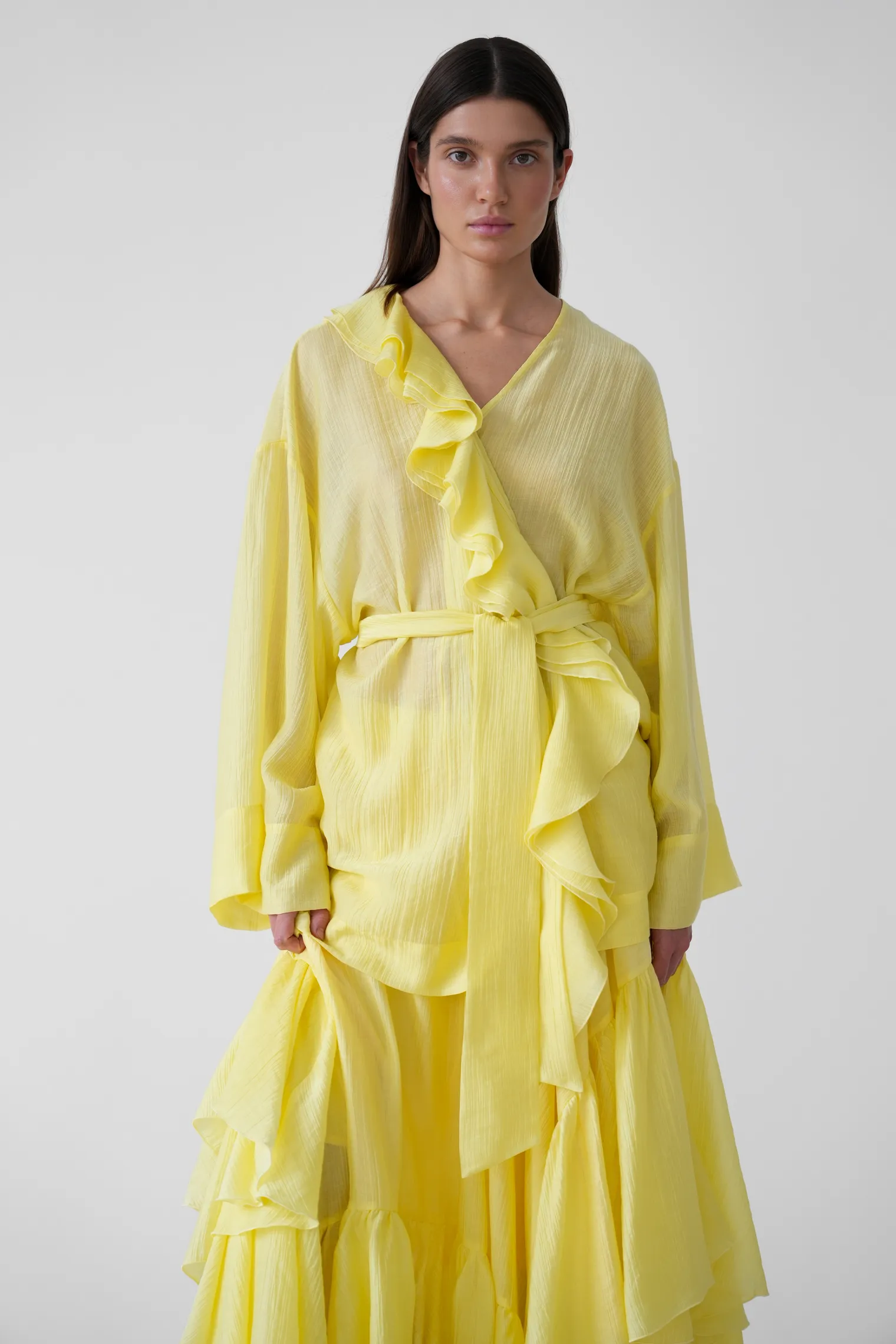 Юбка миди с воланами цвета молочный лимон фото 8