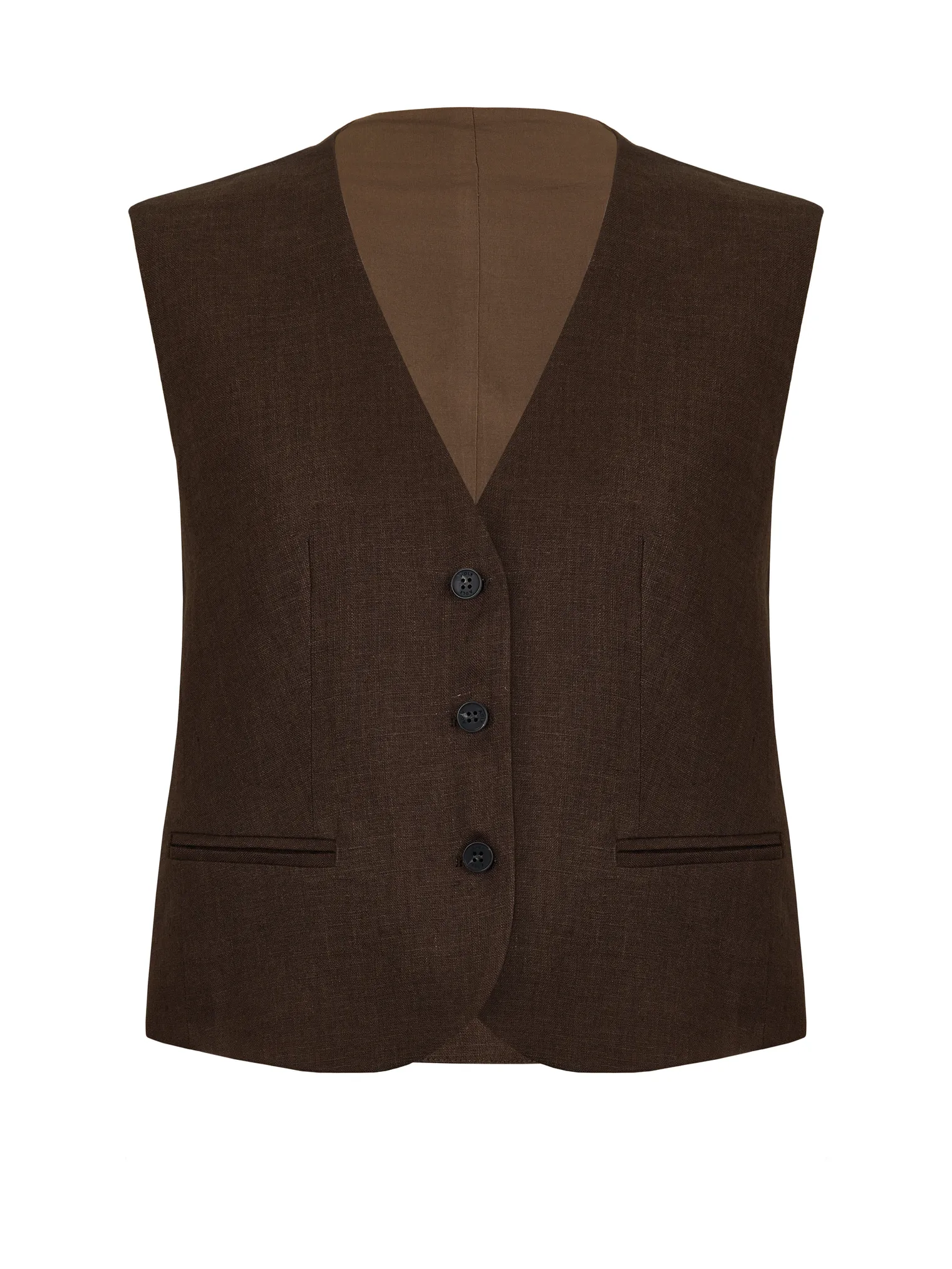 Однобортный жилет с пуговицами изо льна шоколадного цвета фото 7