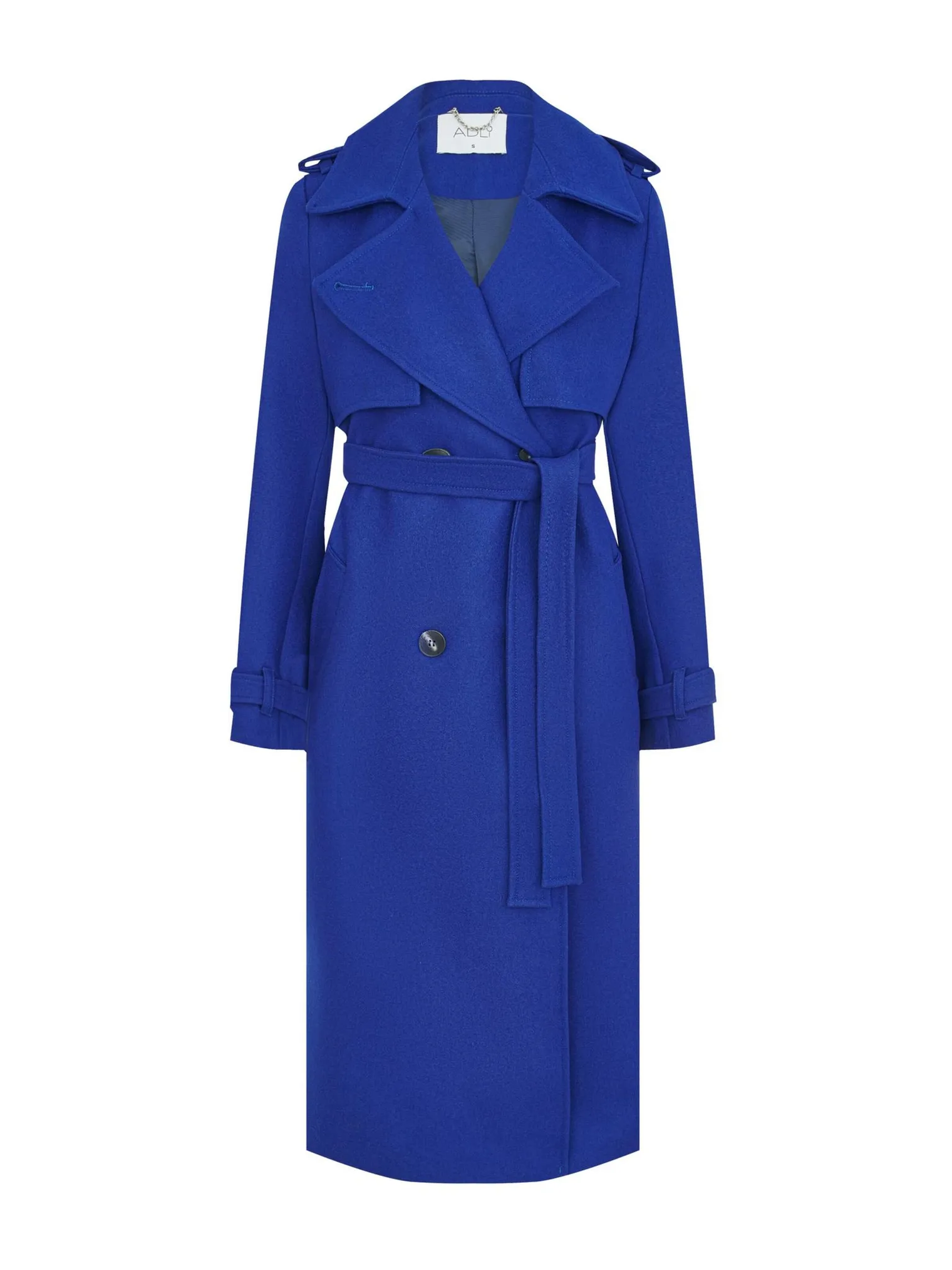Двубортное пальто-тренч с поясом цвета санторини фото 8