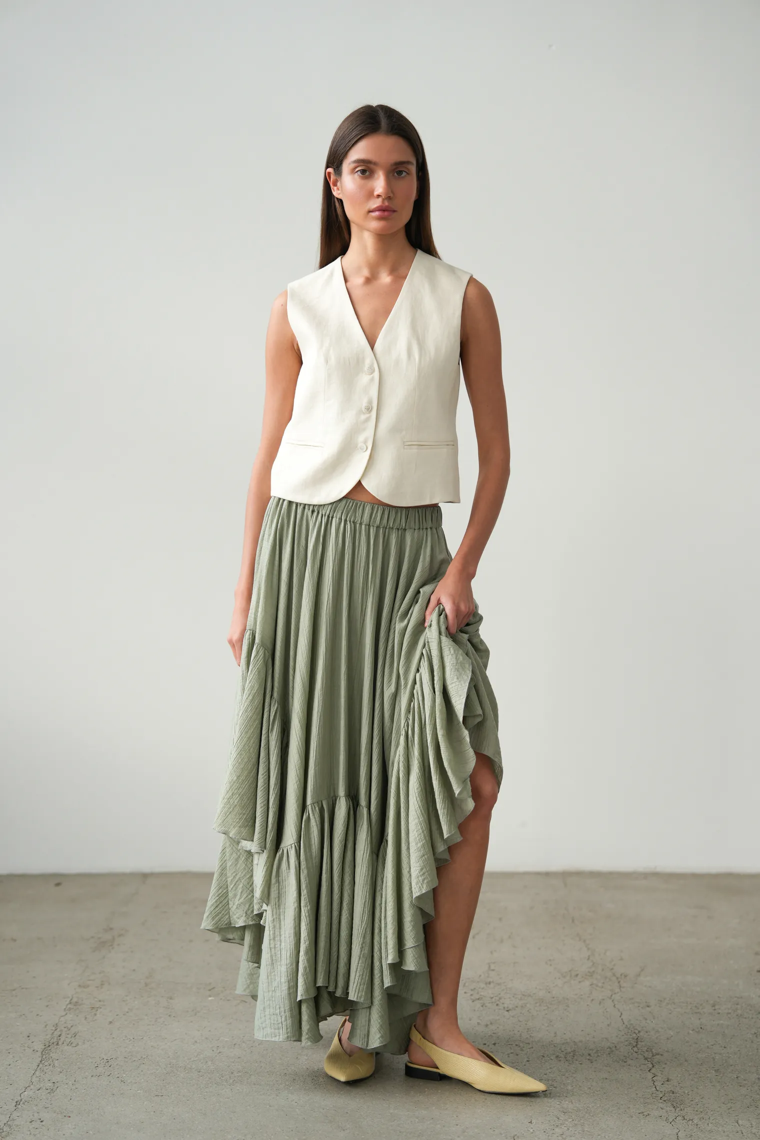 Юбка миди с воланами оливкового цвета фото 1