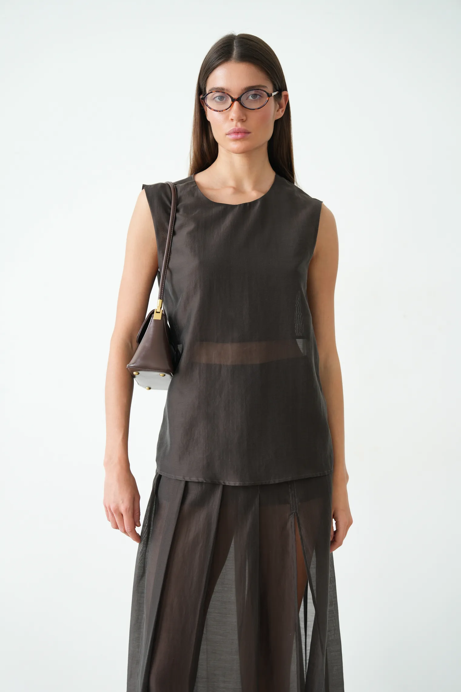 Топ из прозрачной ткани цвета горький шоколад фото 7