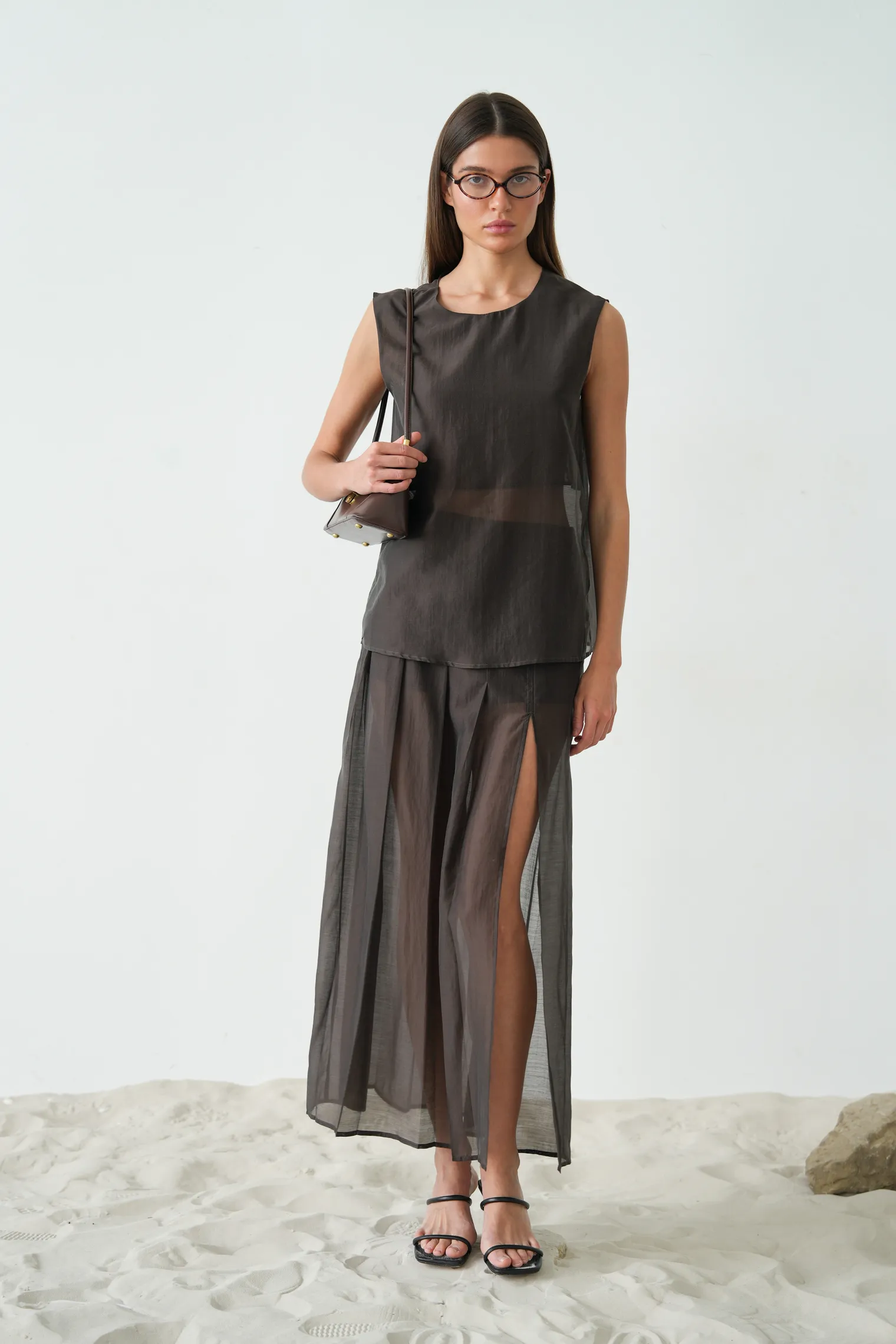 Топ из прозрачной ткани цвета горький шоколад фото 3