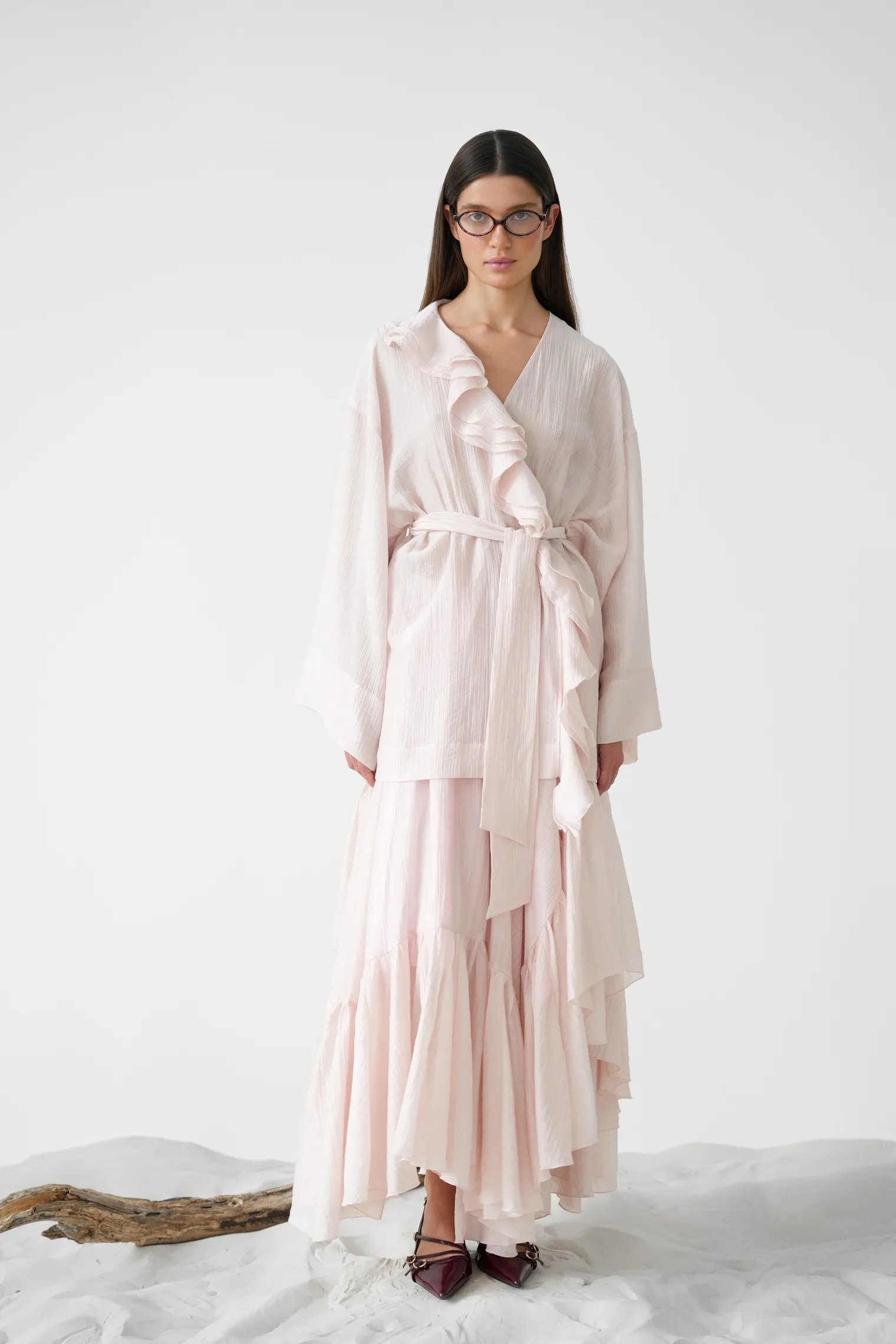 Юбка миди с воланами пыльно-розового цвета фото 3