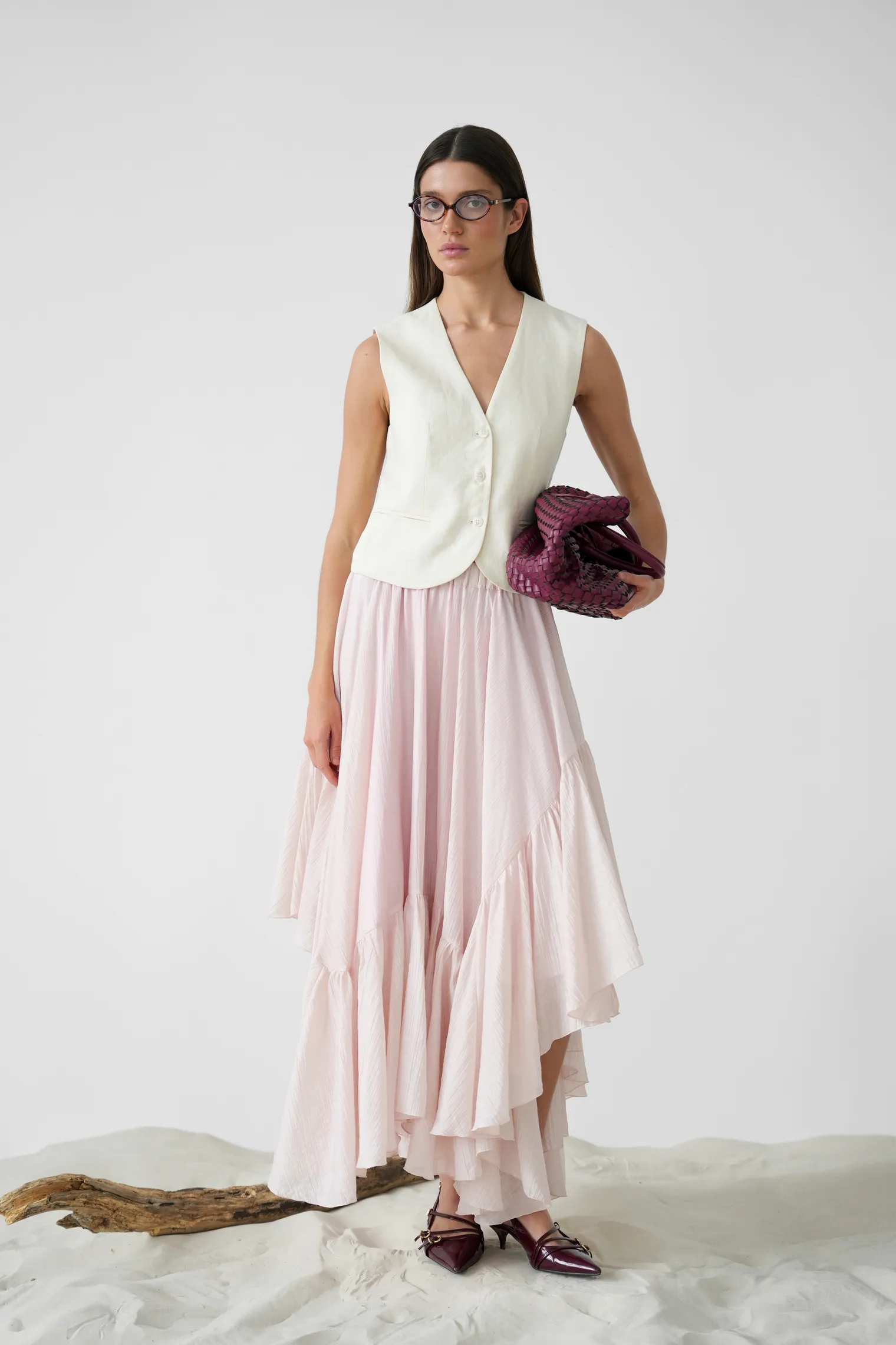 Юбка миди с воланами пыльно-розового цвета фото 1