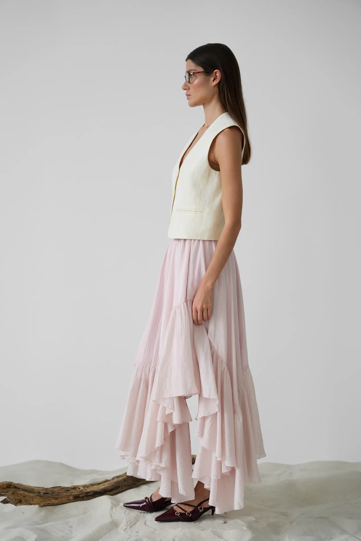 Юбка миди с воланами пыльно-розового цвета фото 6