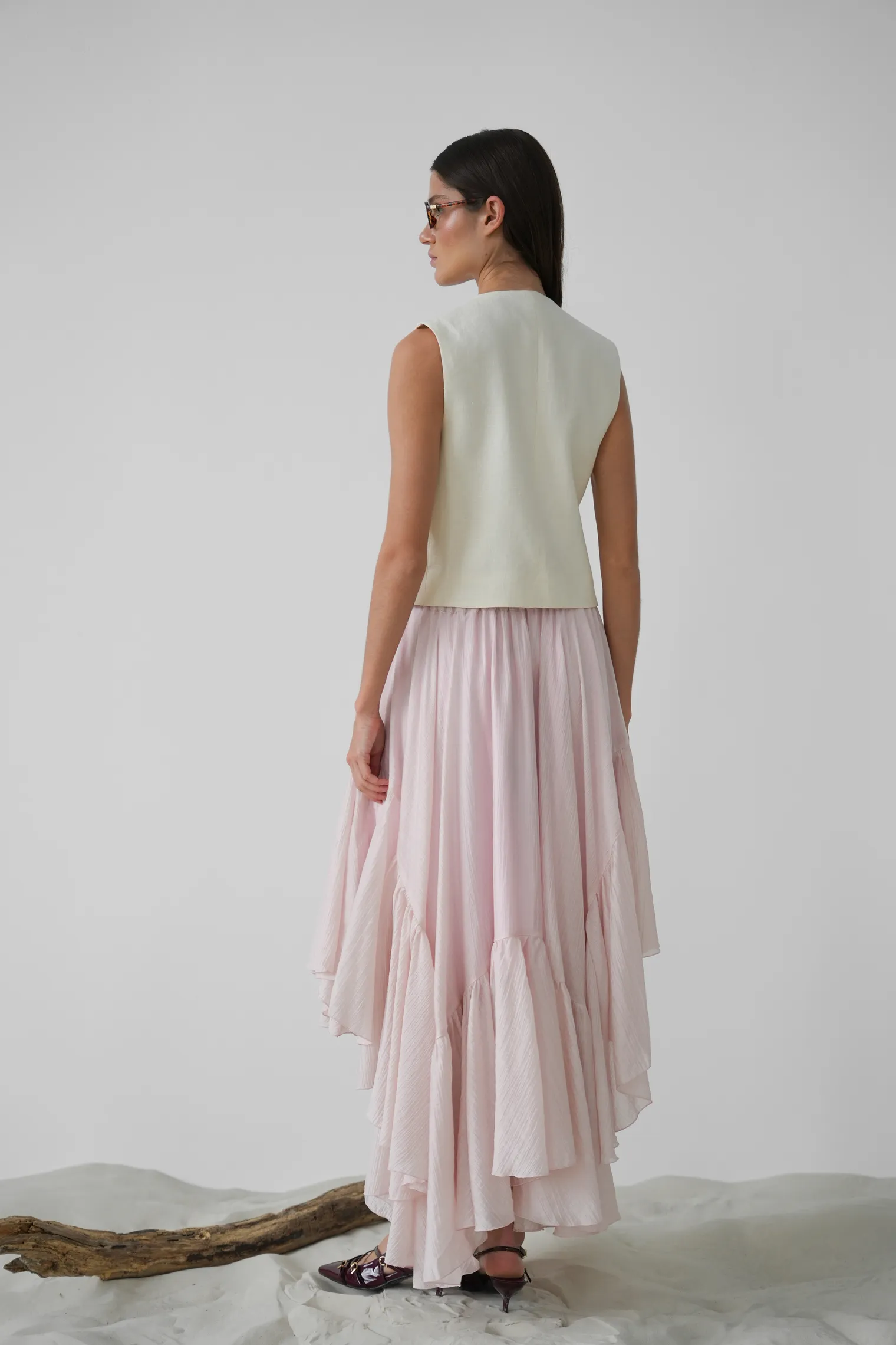 Юбка миди с воланами пыльно-розового цвета фото 7