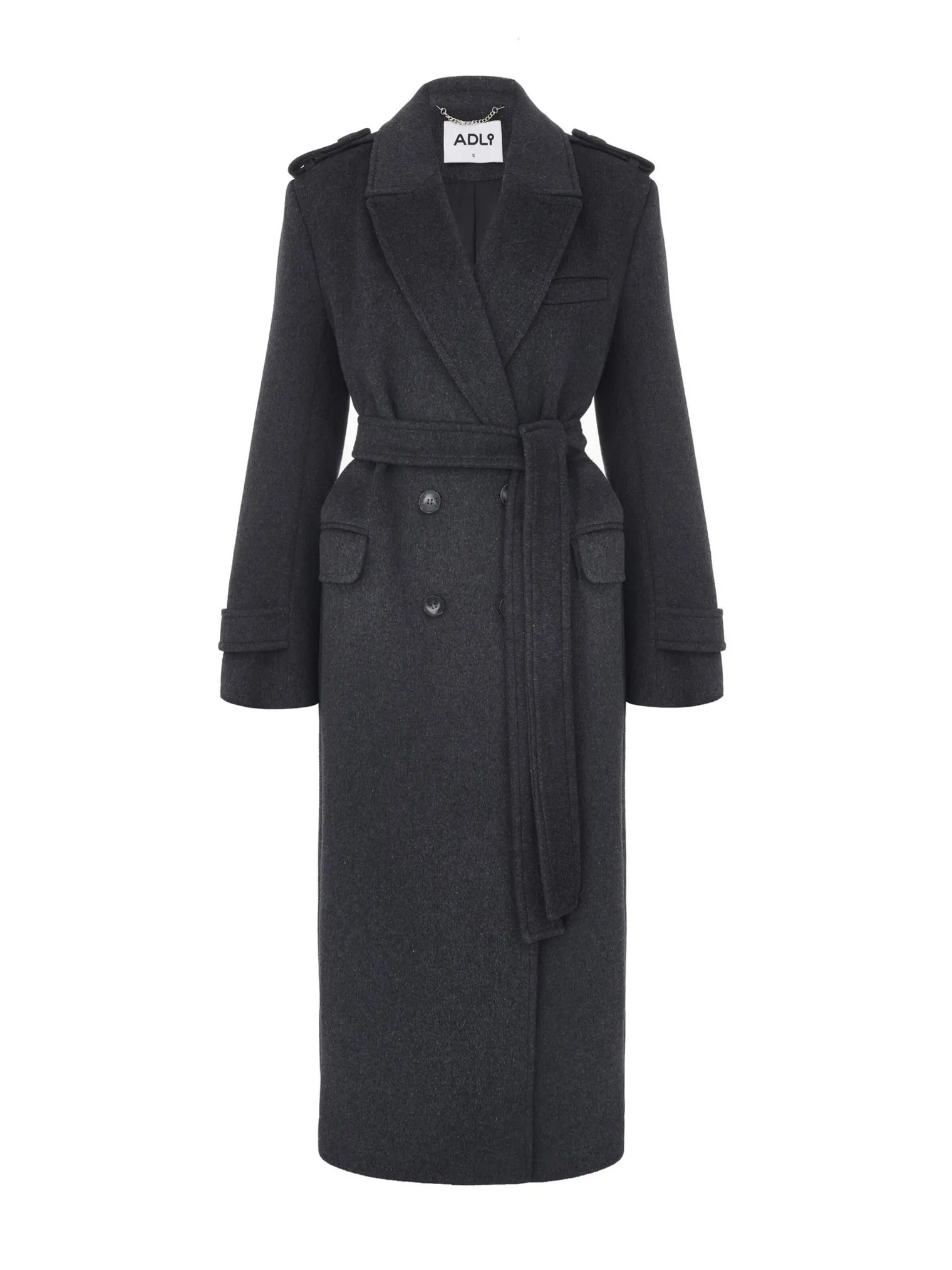 Пальто двубортное с патами на рукавах тёмно-серого цвета фото 8