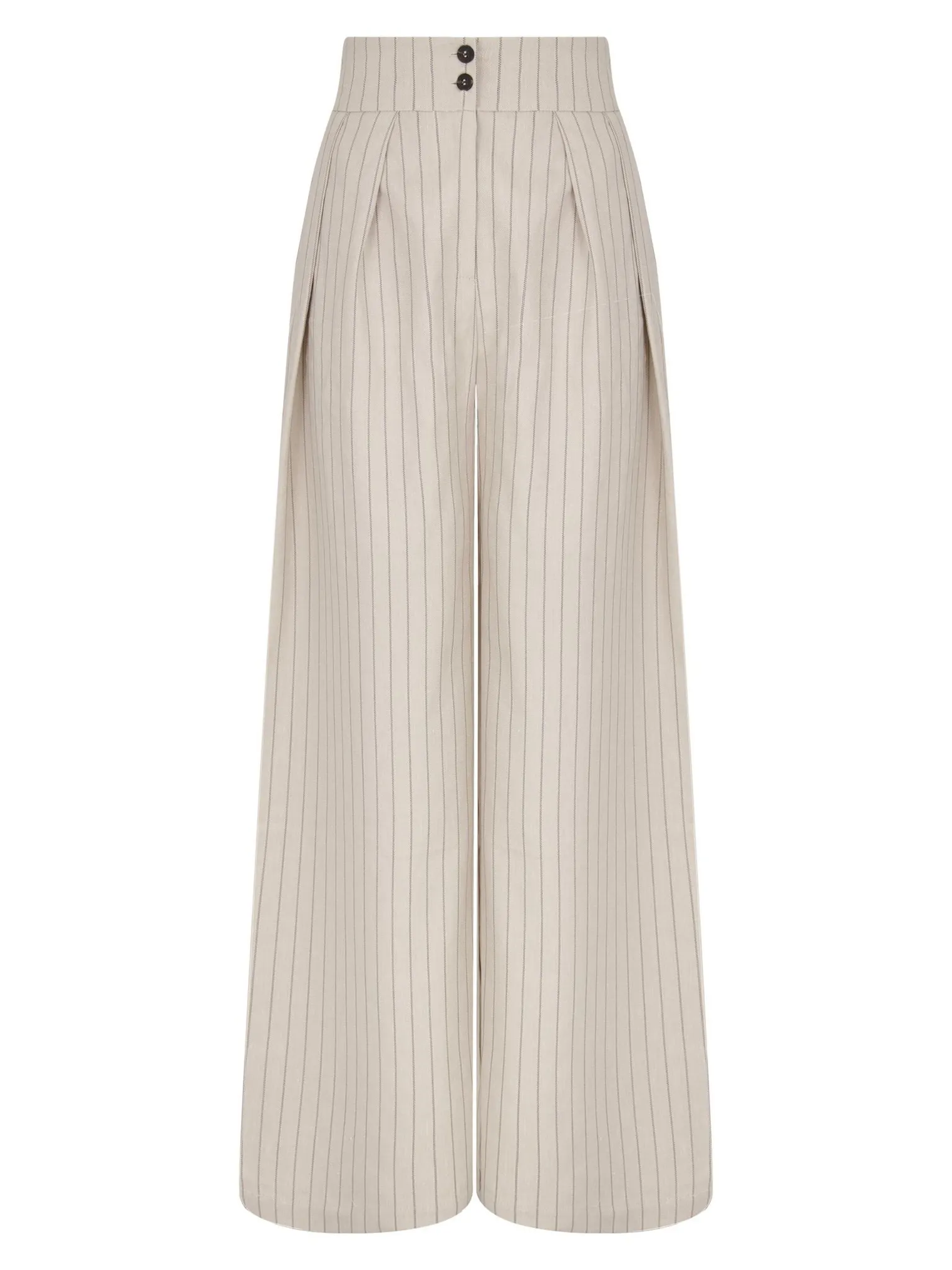 Брюки широкие с поясом изо льна в полоску цвета латте фото 1