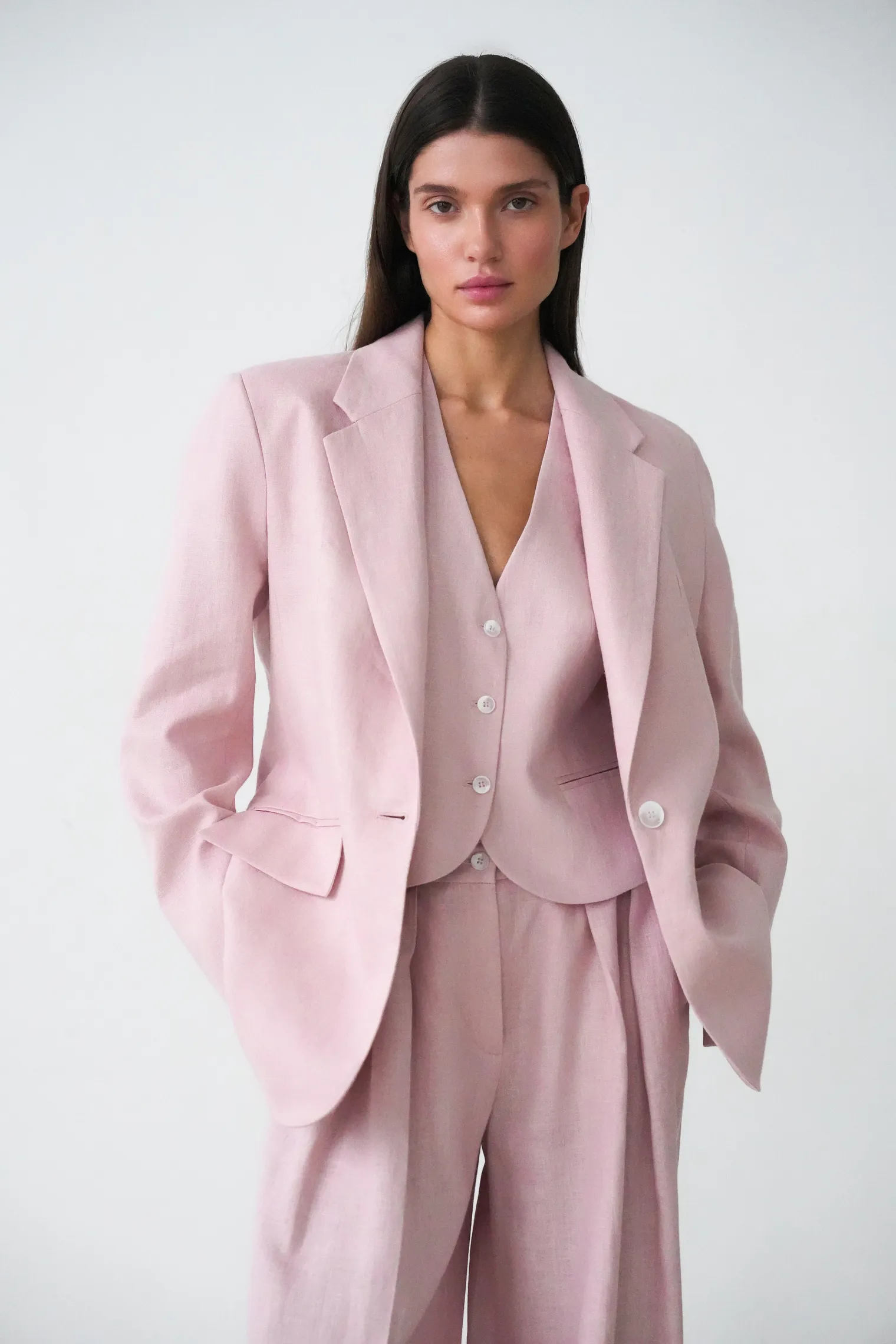 Однобортный жакет свободного кроя изо льна пыльно-розового цвета фото 1