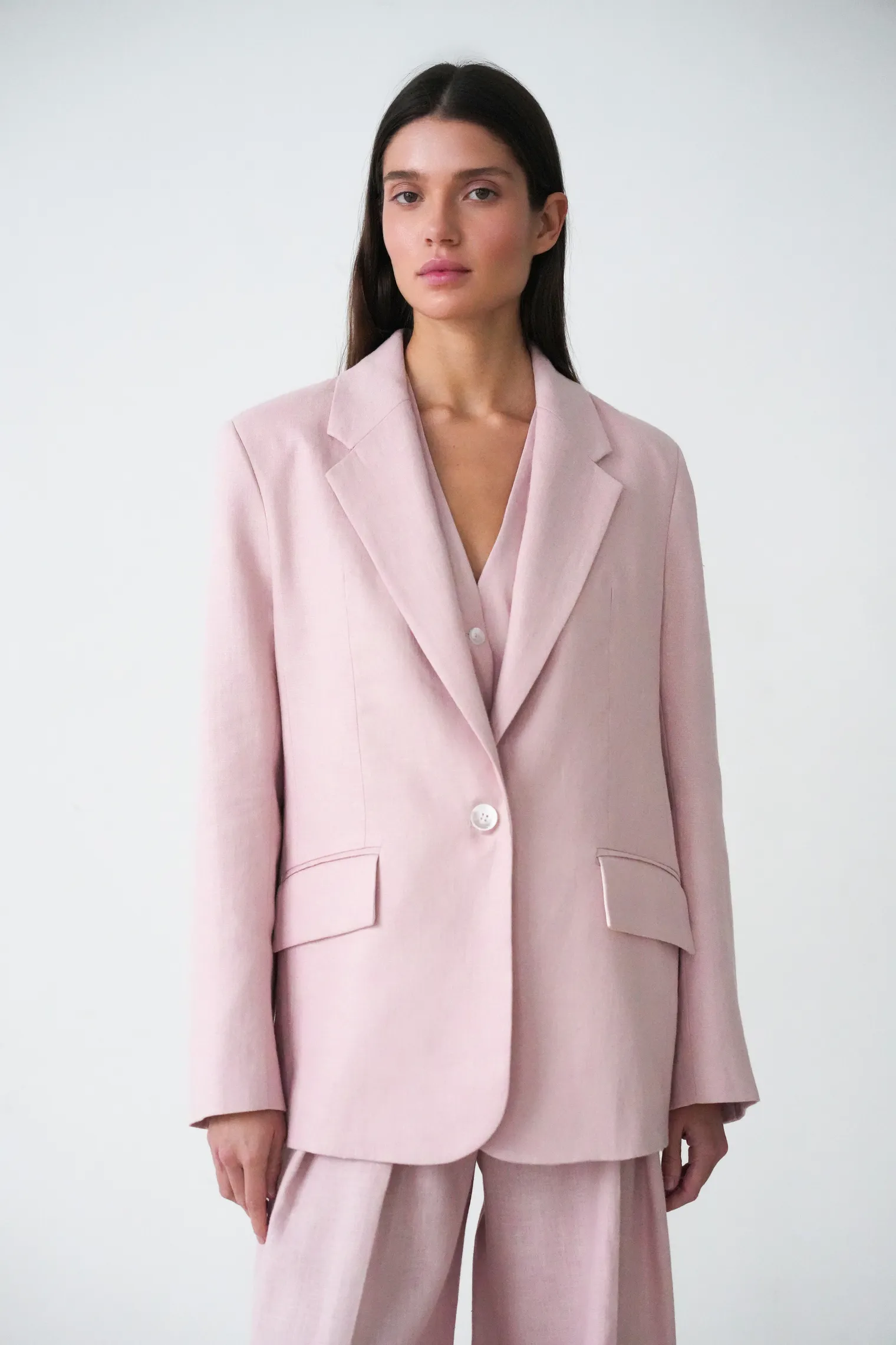 Однобортный жакет свободного кроя изо льна пыльно-розового цвета фото 5