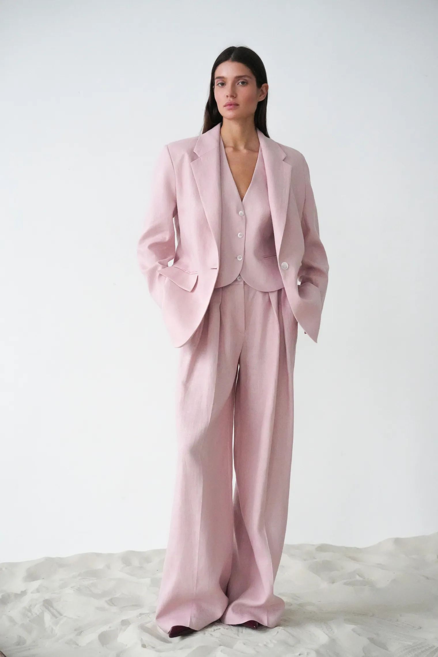 Однобортный жакет свободного кроя изо льна пыльно-розового цвета фото 3
