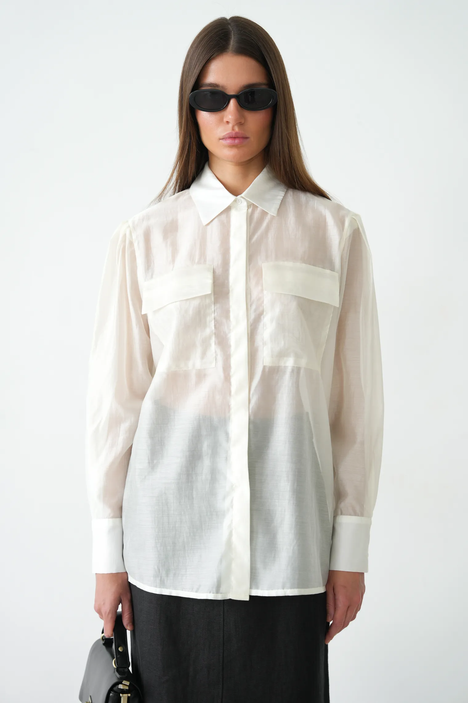 Рубашка из прозрачной ткани молочного цвета фото 7