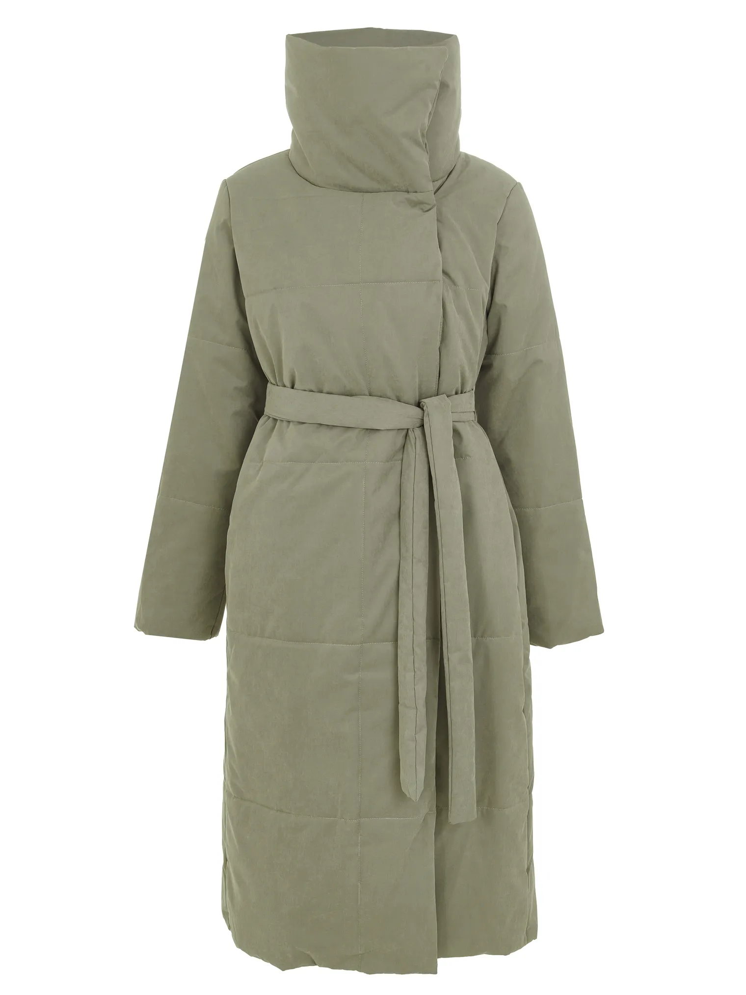 Стеганое пальто с высоким воротником оливкового цвета фото 1