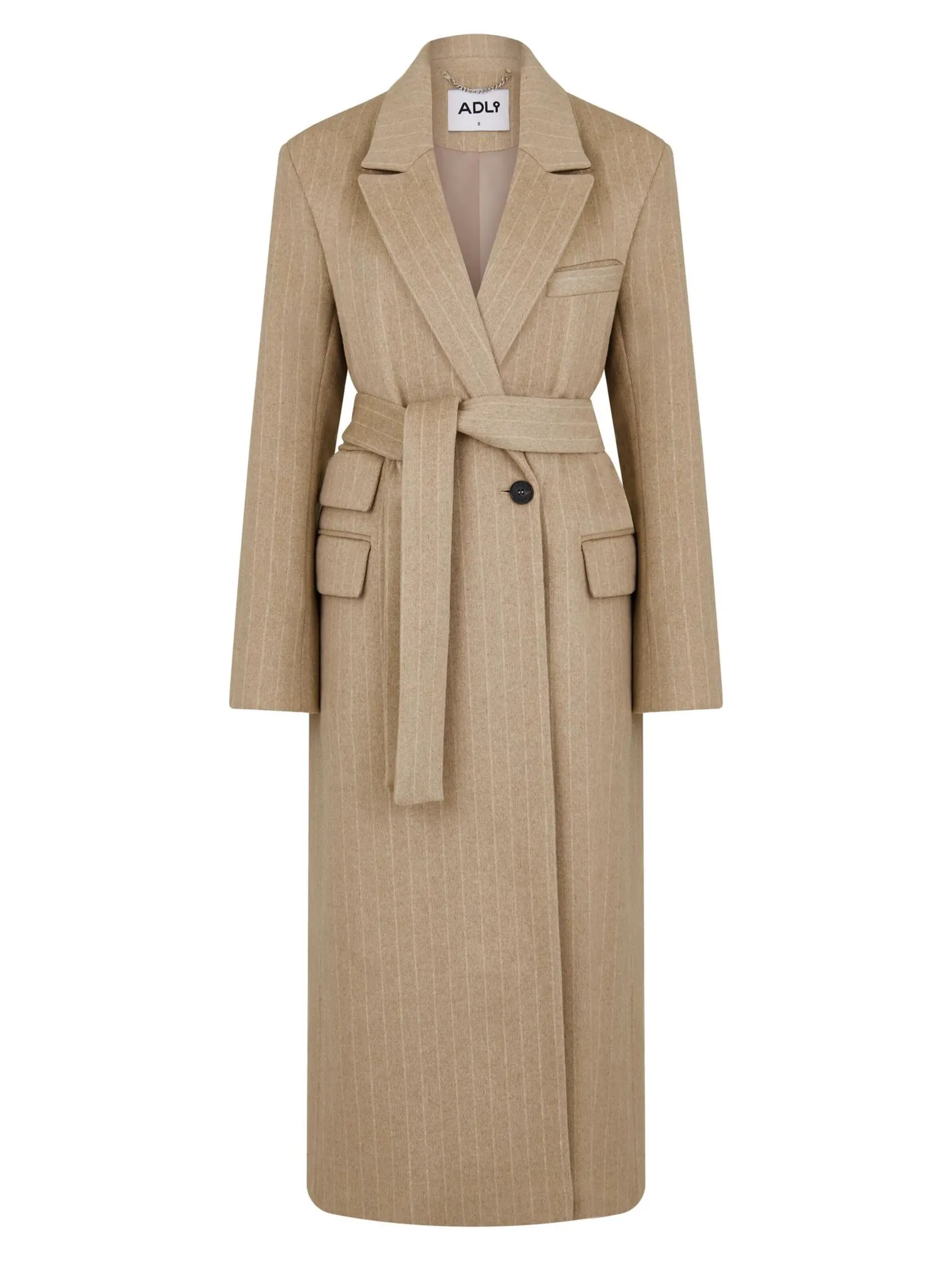 Пальто прямого кроя с карманами и поясом бежевого цвета в полоску фото 10