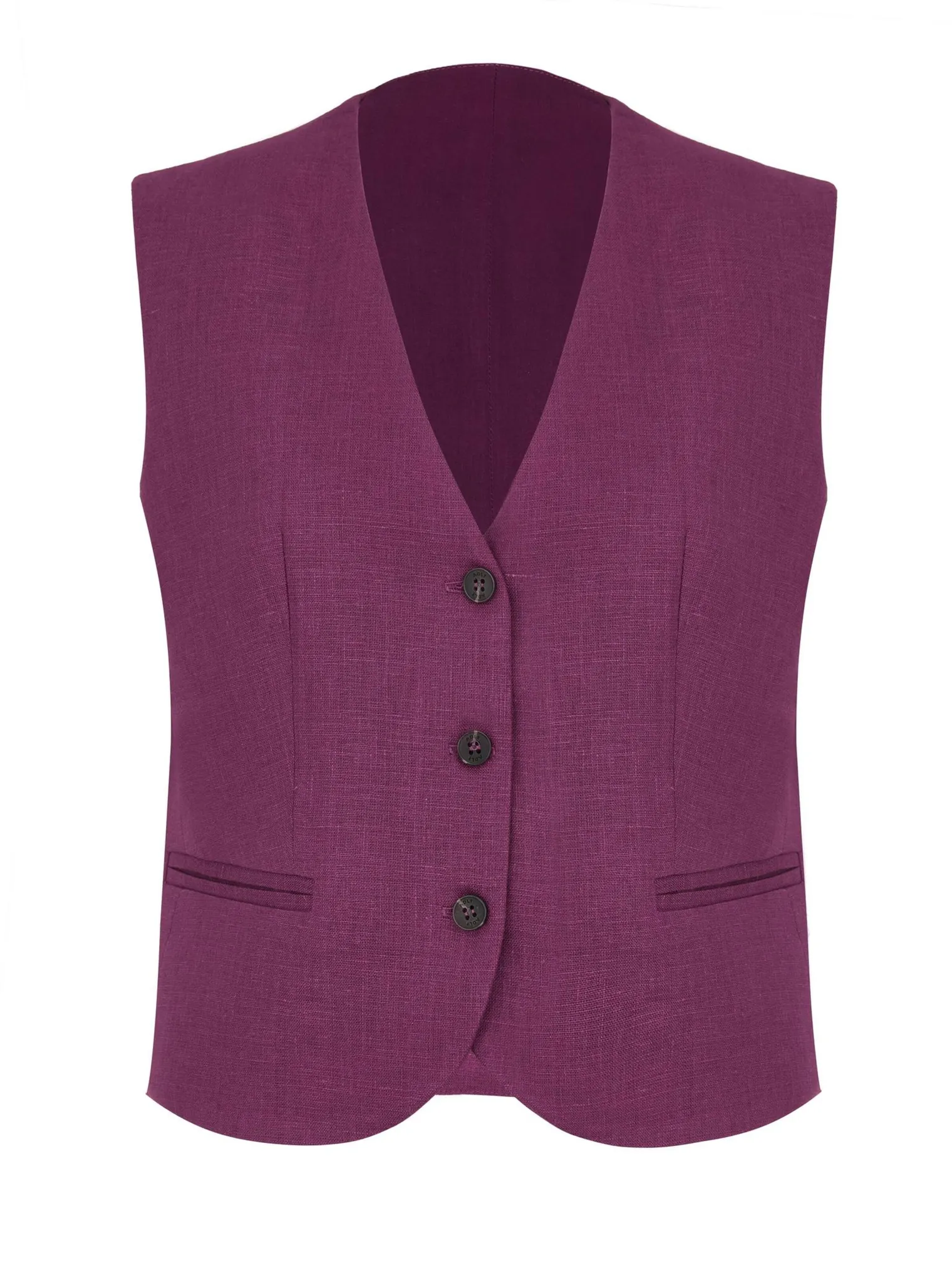 Однобортный жилет с пуговицами изо льна сливового цвета фото 9