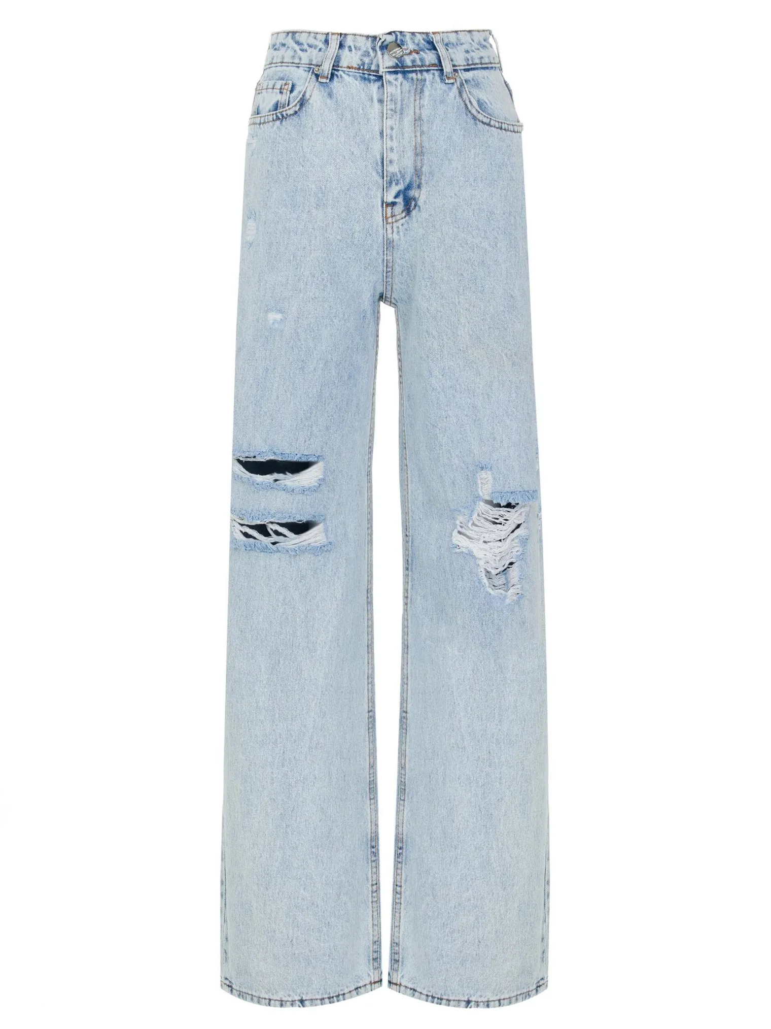 Джинсы свободного кроя с разрезами цвета голубая варка фото 1