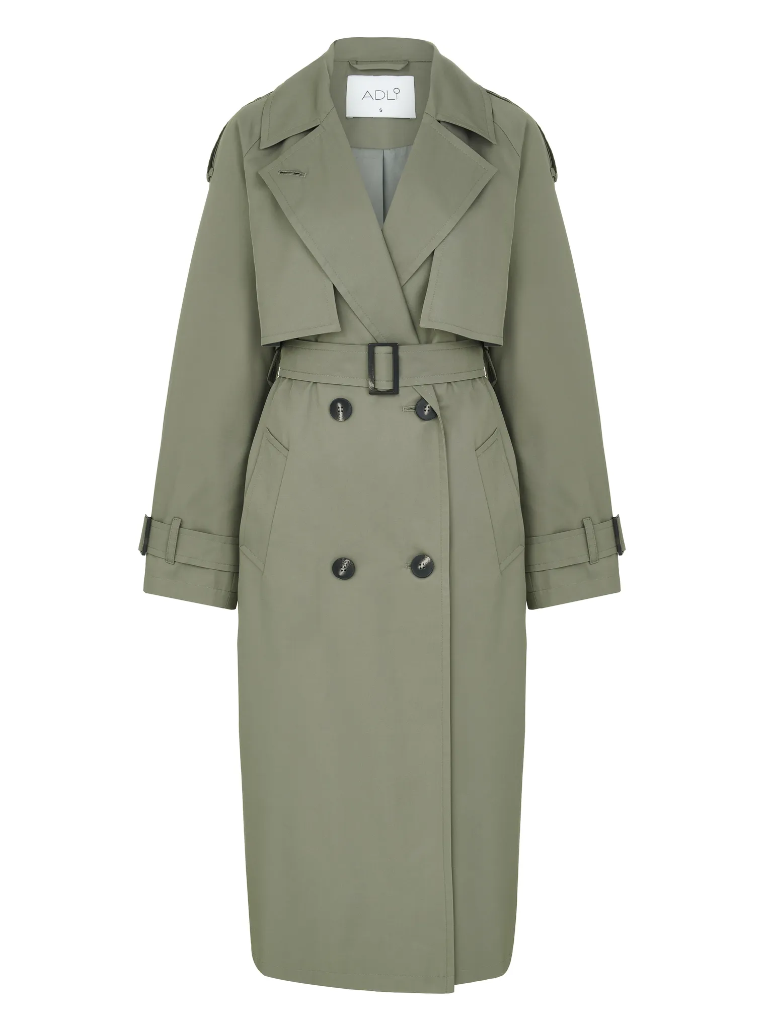Тренч двубортный с поясом и рукавом реглан цвета полыни фото 8