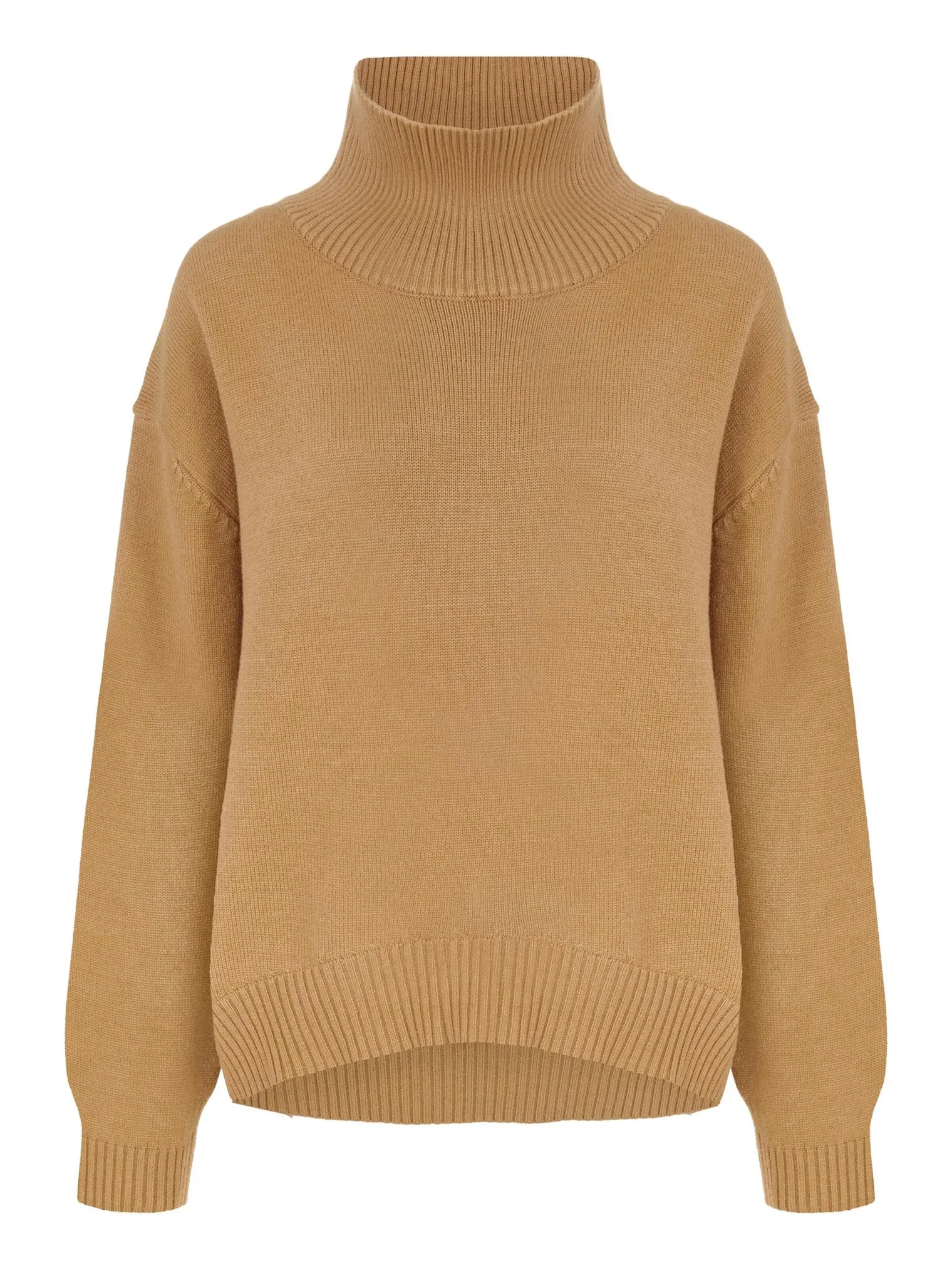 Джемпер мелкой вязки с высоким воротником карамельного цвета фото 8