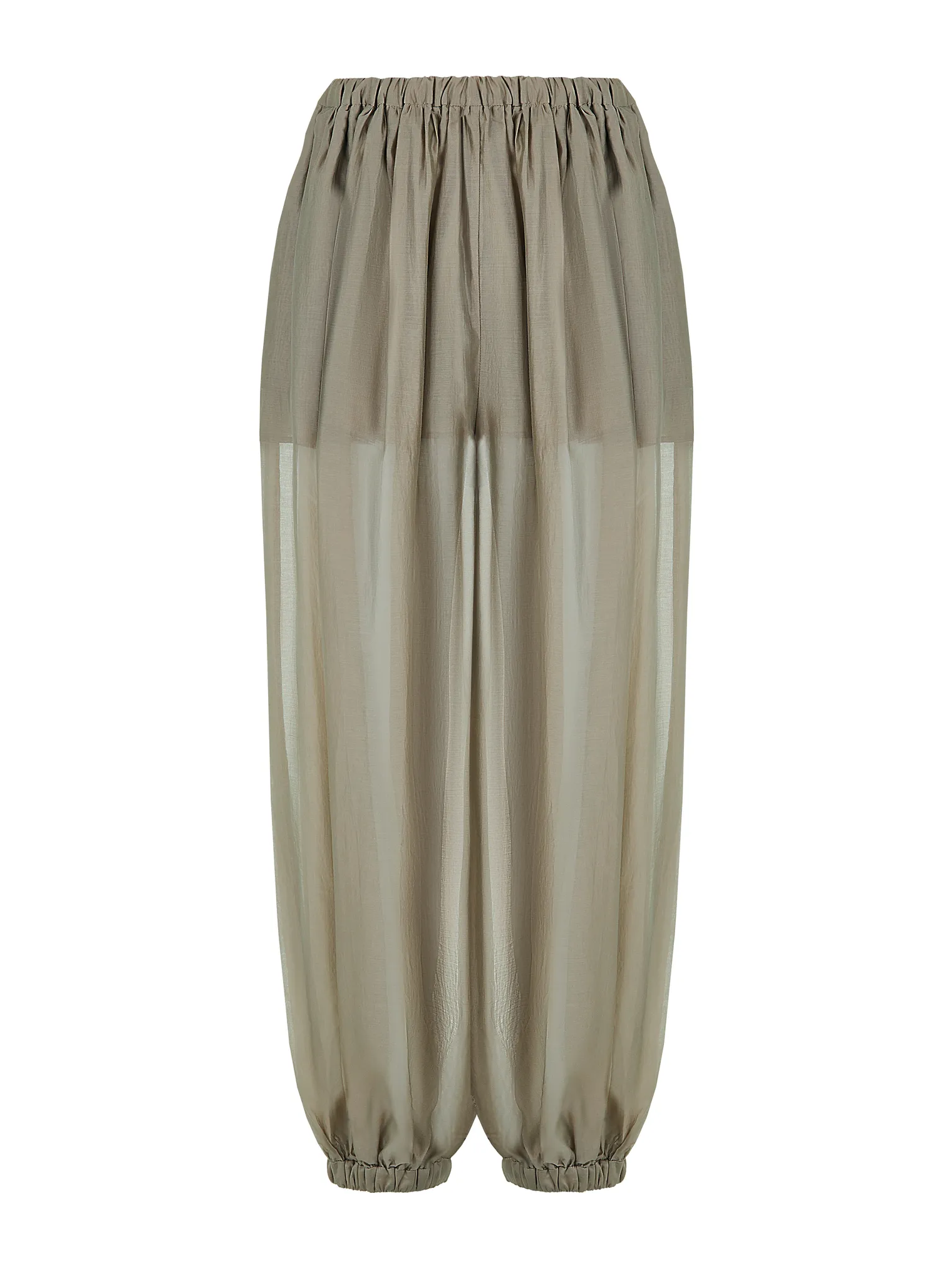 Брюки на резинке с кармнами из прозрачной ткани бежевого цвета фото 8