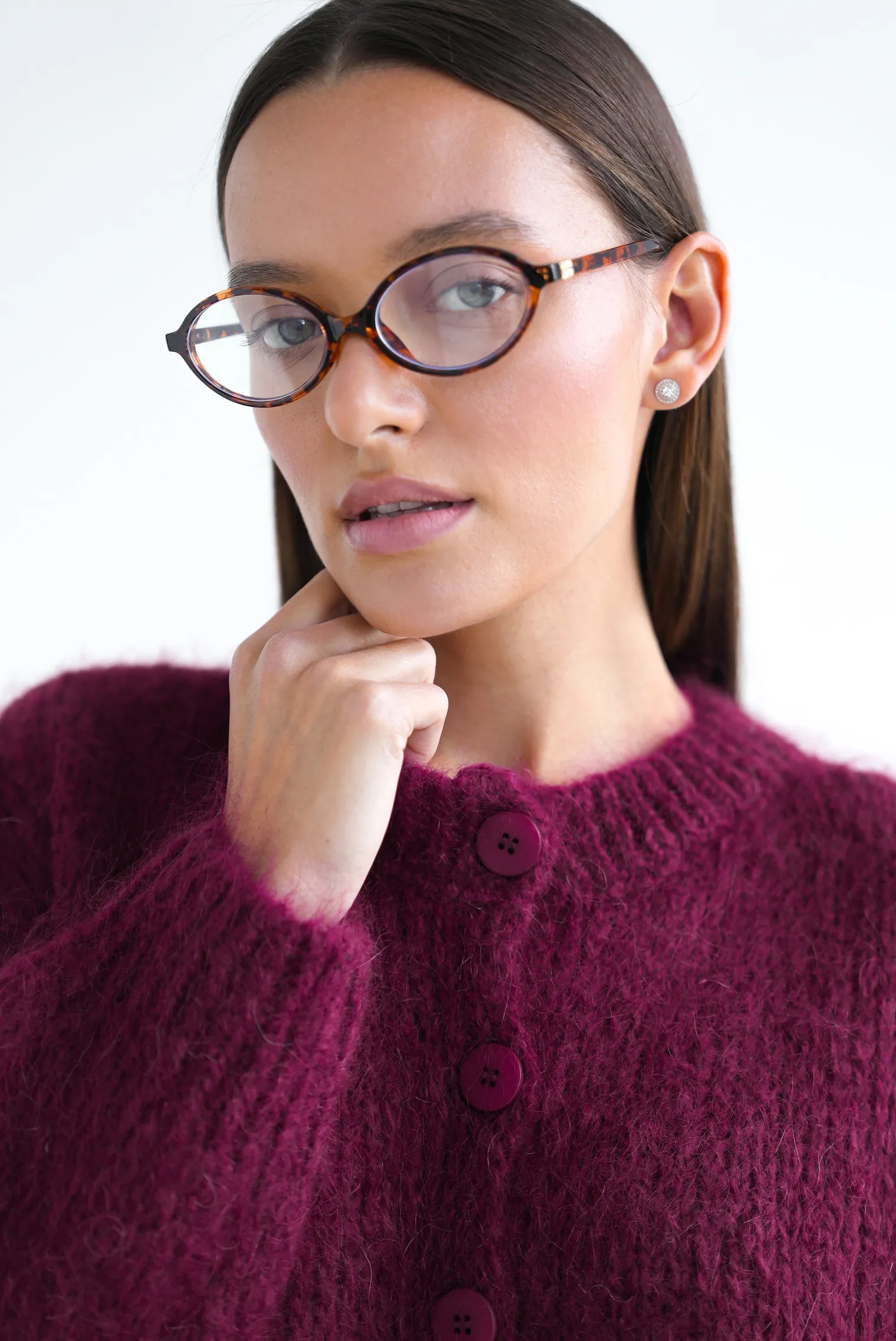 Кардиган крупной вязки из мохера на пуговицах винного цвета фото 2