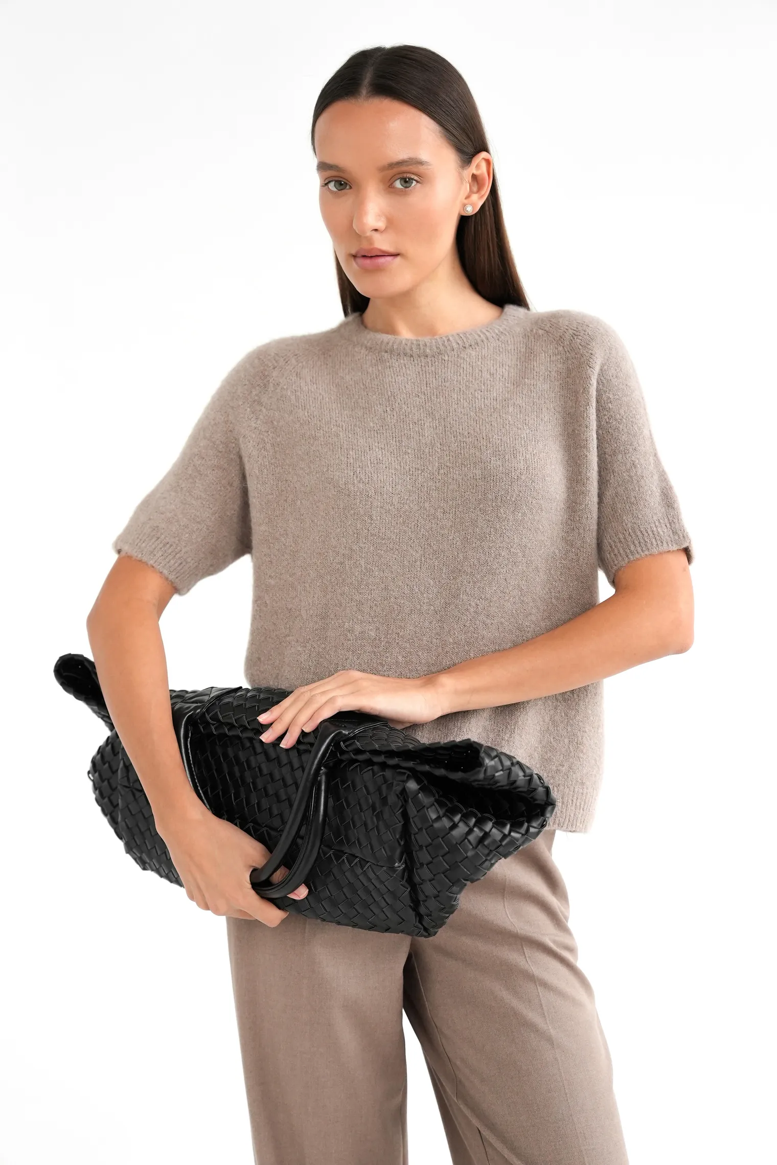 Пуловер мелкой вязки с низким воротником кофейного цвета фото 7