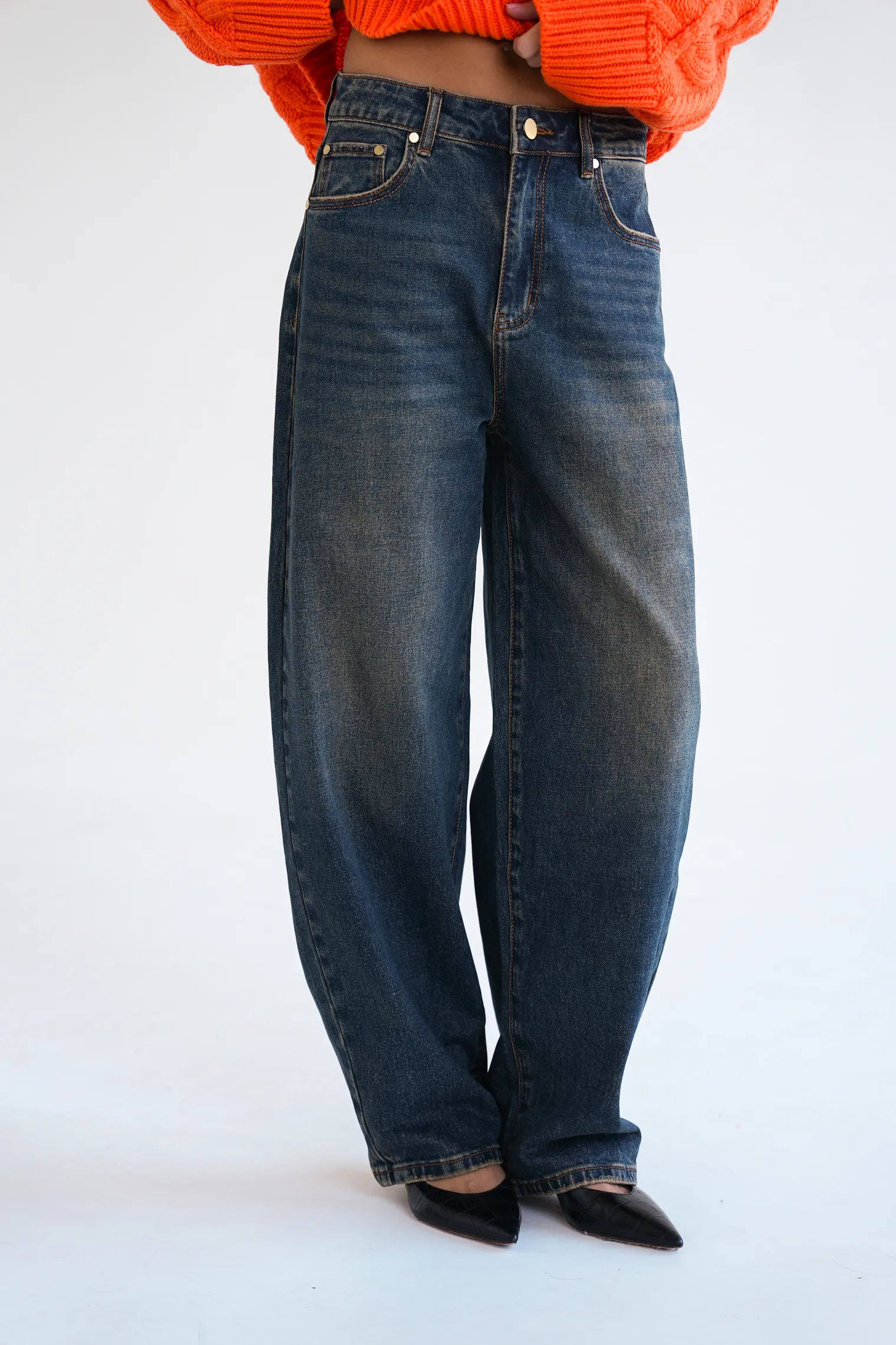 Джинсы свободного кроя в винтажном стиле синего цвета фото 7